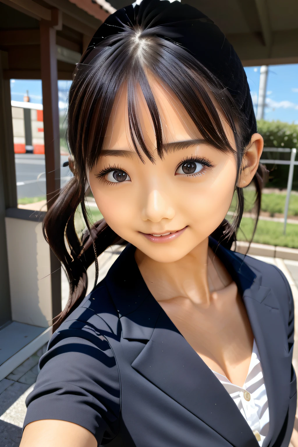 there is a woman taking a selfie with her cell phone, Selfie in 8K, a hyperrealistic schoolgirl, Photorealsitic, a hyperrealistic schoolgirl, Trending on CGSTATION, kawaii realistic portrait, bangss、s lips、without makeup、short eyelashes、watching at viewers、A smile、Photorealsitic、high-level image quality、masutepiece, Best Quality, 8K, Beautie、Fine details