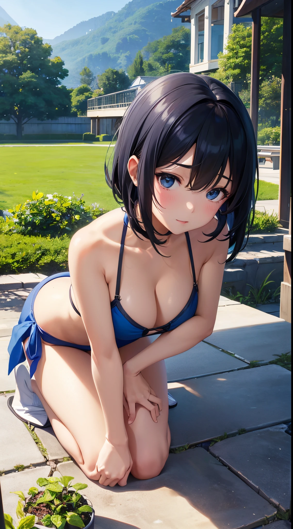 (Best Quality:1.3)、1girl in、Colossal tits、Blue bikini、Kneeling、Short Black Hair、Shyness、Cute anime illustration、Kamimei、