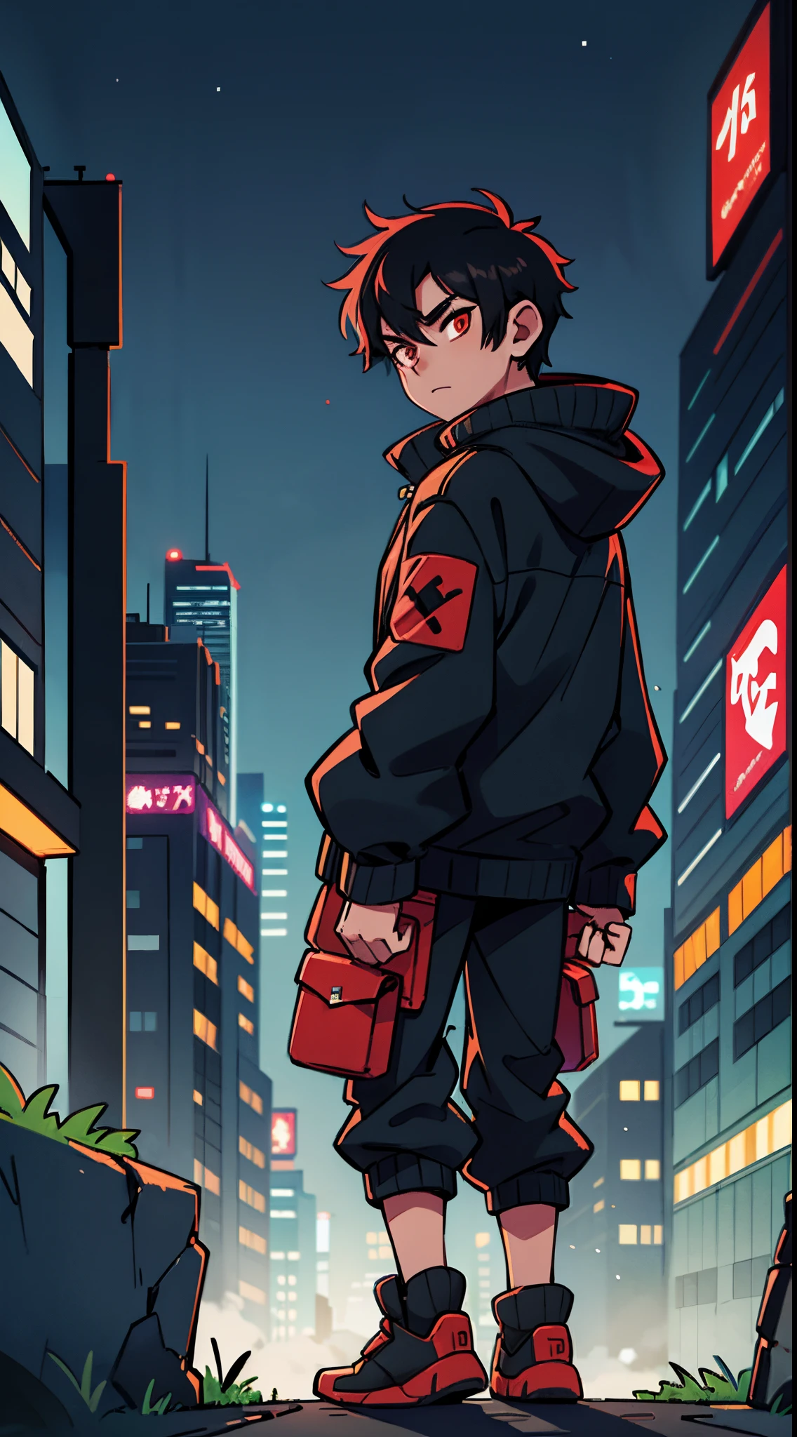 1 male black haired , black jacket, red eyes , looking back, night time, in cyberpunk city
