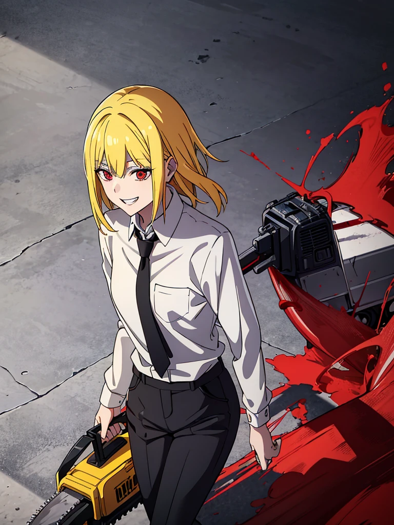 one girls,bob,Yellow hair,Button shirt,Black pants,Bloody,bloods,Black tie,chainsaw owner,Chainsaw,Red eyes,Gizatooth,Grinning face,high-level image quality,chainsaw girl,