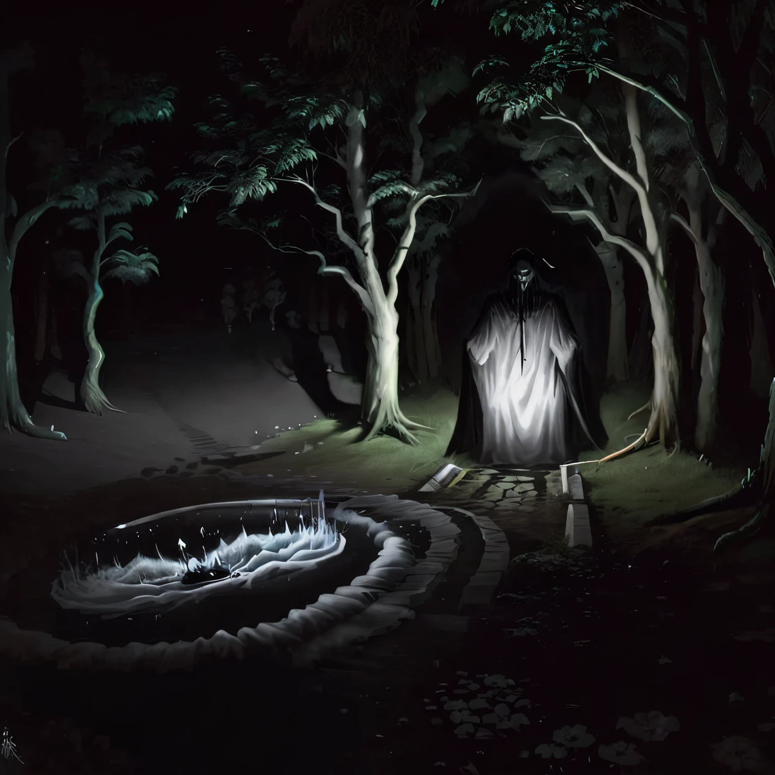 Em meio a uma floresta sombria, cercada de atvores altas e uma ruina aintiga, there is a translucent ghost of a grim reaper, vestindo um manto preto, floatking, noite de luar, olhos vermelhos, perspectiva distante