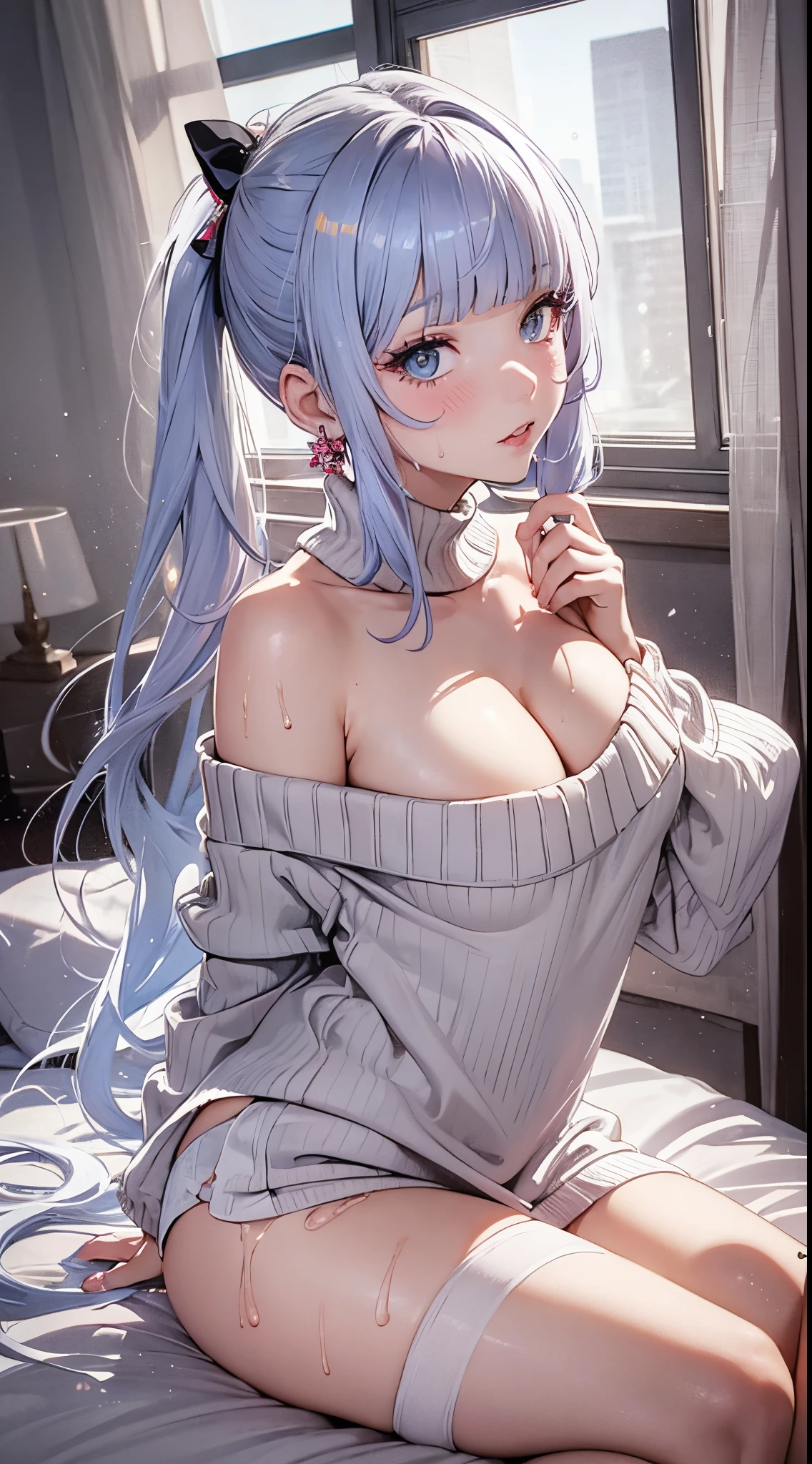 Character Details:, - Gender: 1 Girl. - Style: Anime, - Body Type: Attractive body, slim body, nice legs, slim tights, nice arms, nice shoulders. - : (Small :1.2), , (). -  Feature: Beautiful, Gorgeous, Young. - Expression: Shy, (:1.4), Pink Blush on Face,  Eyes,  Look, (Sweating:1.4), Innocent Look, Tipsy. - Hairstyle: Blunt Bangs, Long Hair, Light Blue Hair - Clothing: (Sweater:1.5), (off-shoulder:1.6), (Stocking:1.4). - Body Pose: (back pose), (nice :1.2). - Behaviour: Waiting, Want Something, Secretly. - Accessories: Earrings., Environmental Details:, - Setting: Bed Room., - Lighting: Natural Light, - Decoration: Modern Bed, Chair, Window, White Curtain, City View. Top view. pov, anime style, UHD, retina, masterpiece, accurate, anatomically correct, textured.