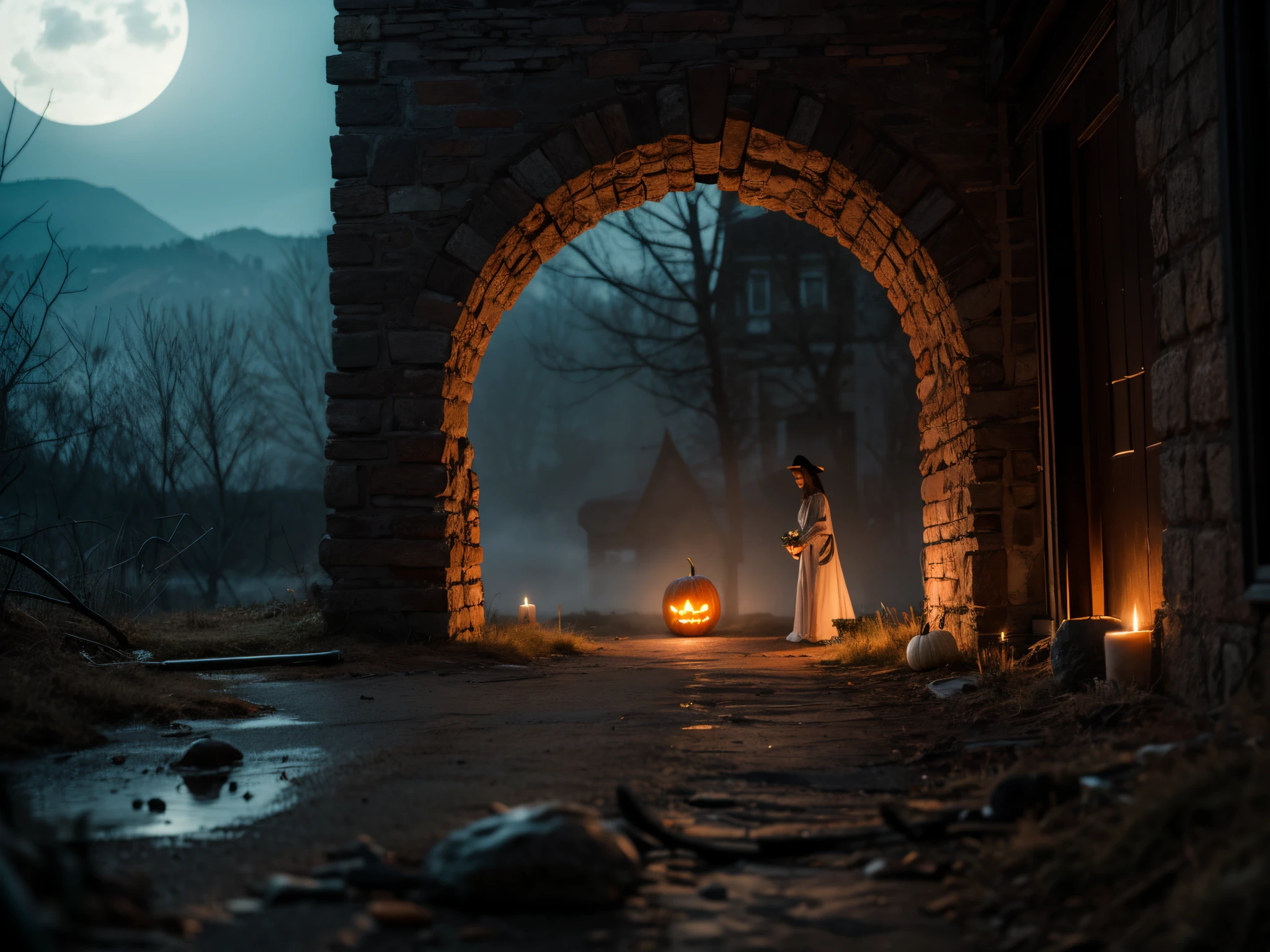 Pan across a spooky landscape where 3D mathematical formulas create a portal to a mysterious realm, blending the eerie with the analytical. Add cinematic depth to this Halloween adventure. enormous 