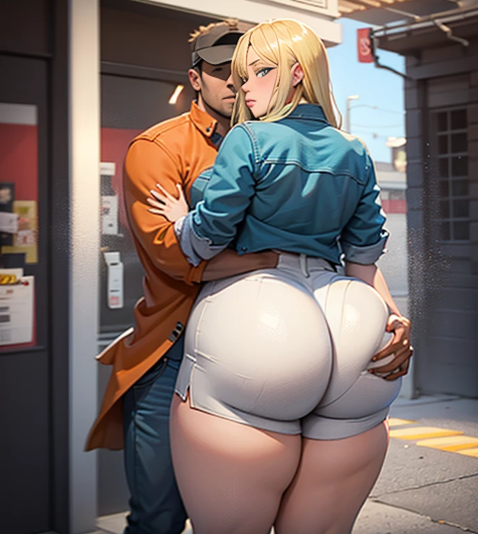 (One girl and one guy ONLY), The girl is blonde. The girl is curvy with thick thighs and a huge ass, a big thick ass. Girl is walking, The guy is groping the girl's ass, guy is squeezing girl's ass, he is grabbing her big ass as they hug. She is wearing jean shorts. She is blushing and he is smirking. Guy is grabbing her ass, ass deep squeeze