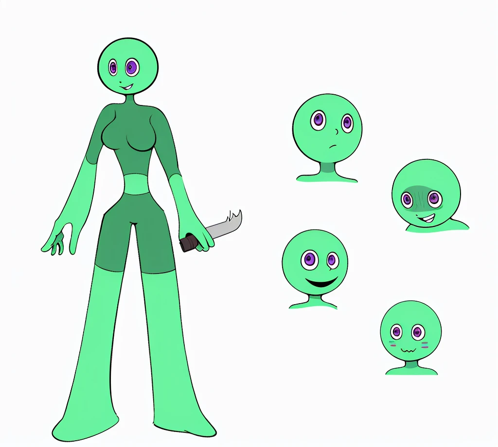 character sheet, Full body, full of details, multiple poses, highly detailed, depth, many parts, cartoon with green eyes and a blue body, elongated arms, elongated figure, neutral pose, humanoid form, humanoid shape, zoomed out full body, arms extended, distant full body view, full entire body fun pose, full body, fully body pose, Green Silhouette girl full body pose, serpentine pose gesture, purple eyes, boob, no human, smile, no ear, no nose, stickman girl, cartoon drawing of a woman with a knife, happy female alien, alien girl, alien forms, female humanoid creature, humanoid form, character design humanoid, humanoid character, angry female alien, character model sheet, concept character, several character designs, purple eyes