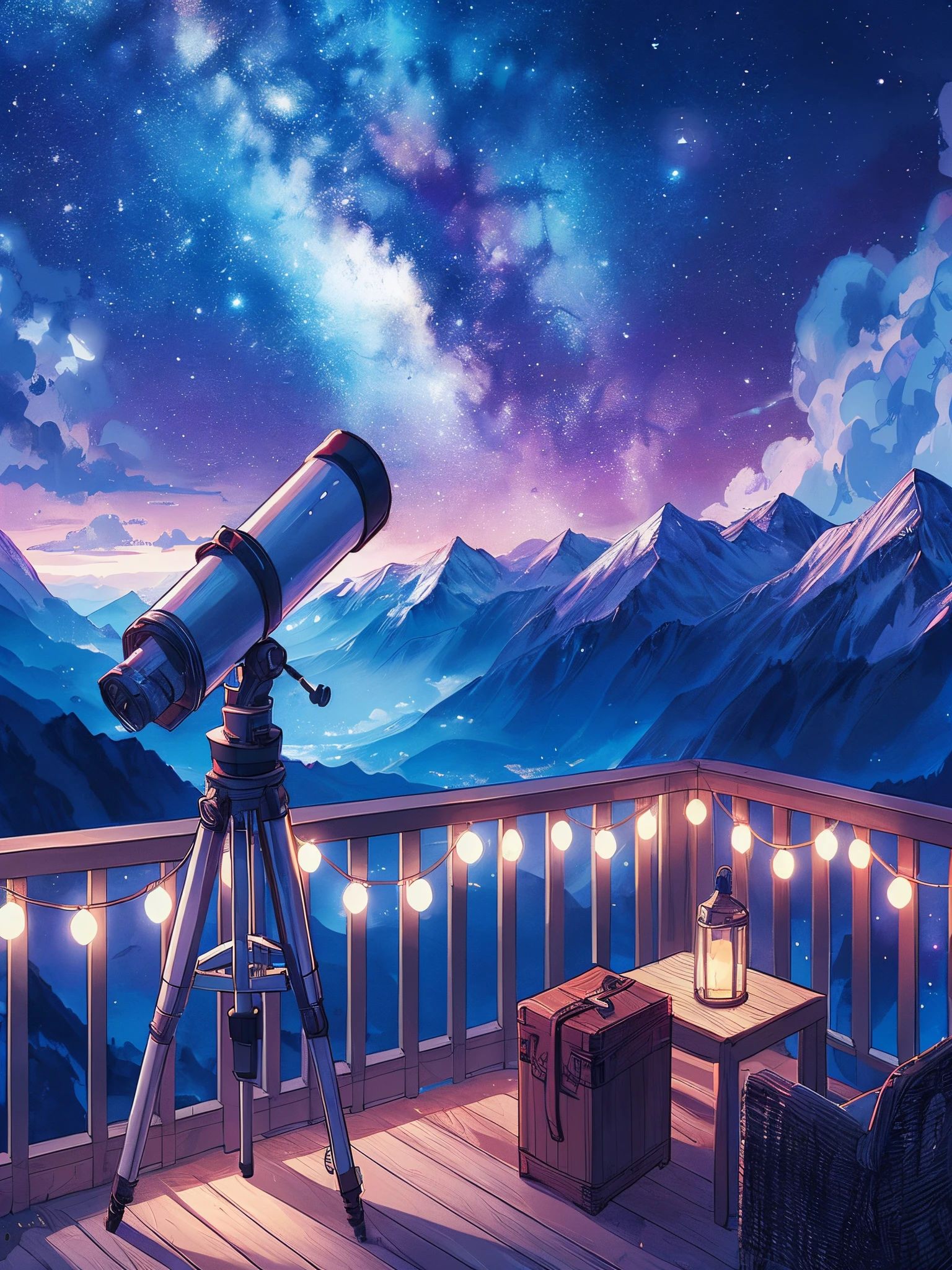 Draw an anime lofi scene of telescope in the balcony of terrace, milky way in the celestial sky, Mountains, fairylights, no one, decorated, night, no human, cloudy sky, beautiful color palette