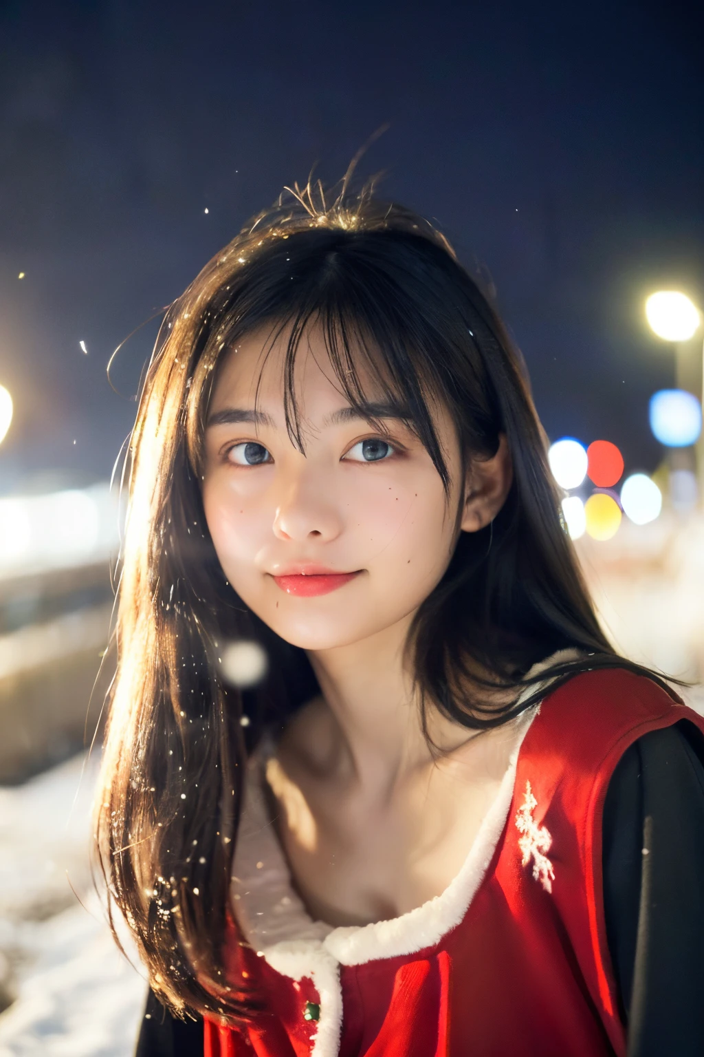 quality、image quality、masterpiece、Teenage girl((Long black coat、blue tanktop、Black pants、Santa's hat、18 years old、 aging person、best bust、big bast,Beautiful light blue eyes, sliver long hair、A slender one,Great Valley、Stain your cheeks red、White breathing、Reflecting the whole body、Stain your cheeks red、A slight smil、gentle face、shinning eyes、Leaning forward、Ride a red sleigh)),high high quality、beautiful art、Background with(( quiet city at night、Beautiful road、snowflakes falling、heavy snowy、yukito、 A world filled with snow、Christmas tree、)))、On the table、depth of fields,