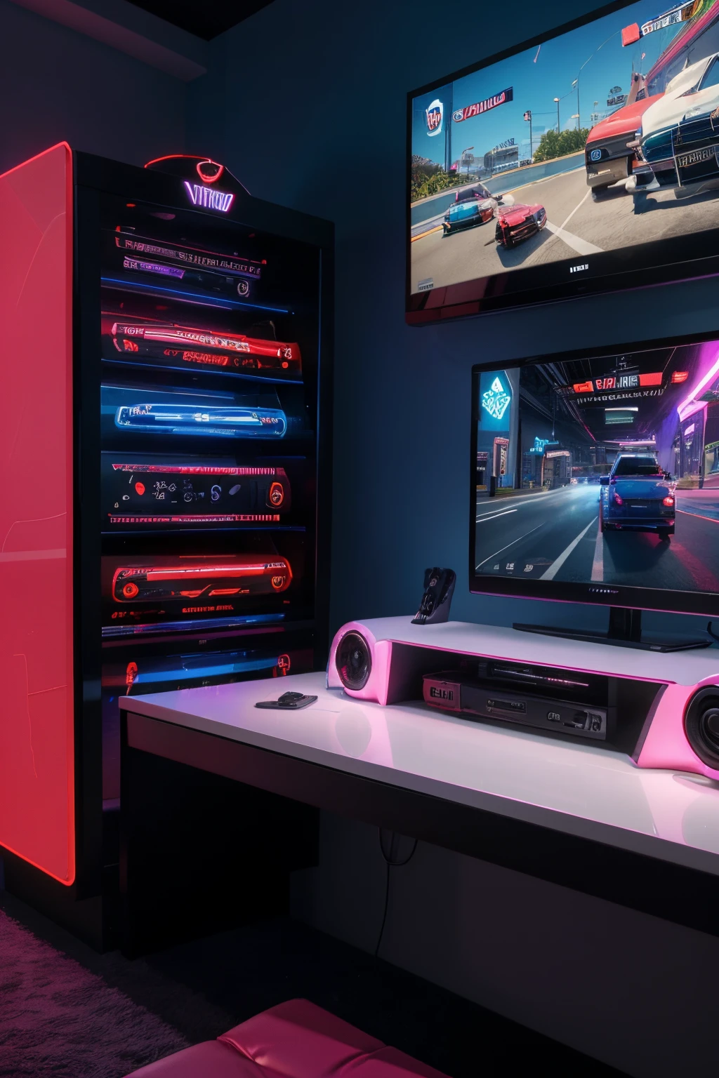 best quality,ultra-detailed,highres:1.2),vivid colors,gamers,youtube logo,limited time,realistic image,ultra-realistic,sky,vice city,GTAs atmoshpere.speed,fun,exciting game environment,tube-style cabinet games,dedicated gamers,