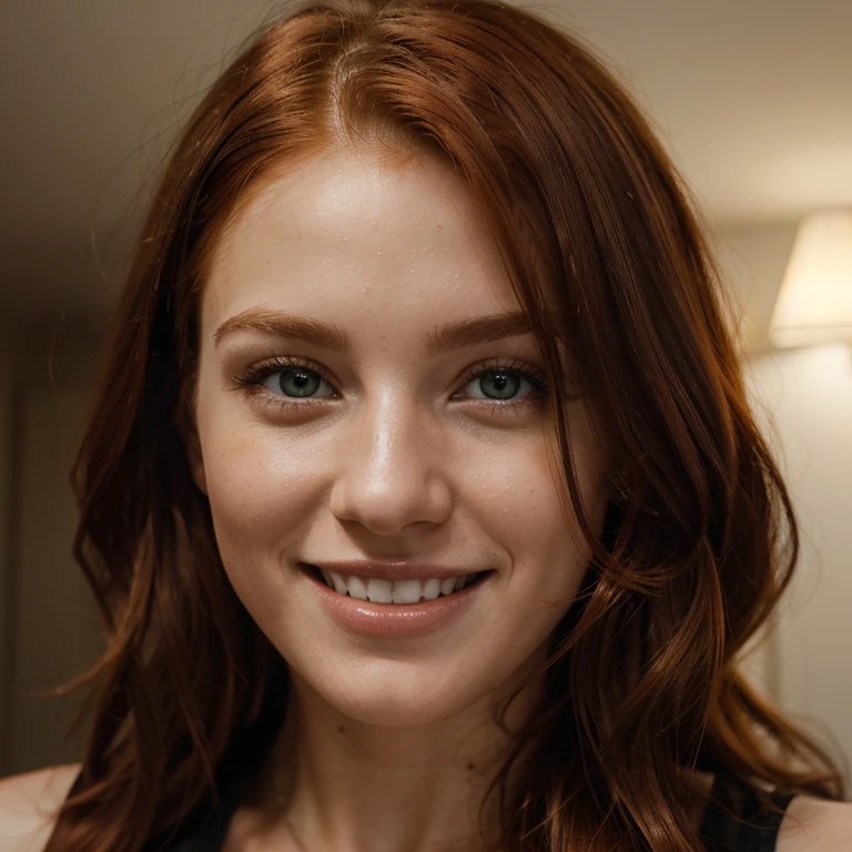 Caucasian red hair mid 20s girl, fit, staring at the viewer, realistic smiling she has perfect teeth somewhere in Eastern Europe, glowing hazel greenish eyes, intense, solodramatic lightinasterpiece:1.2), best quality, high resolution, beautiful detailed, extremely detailed, perfect lighting