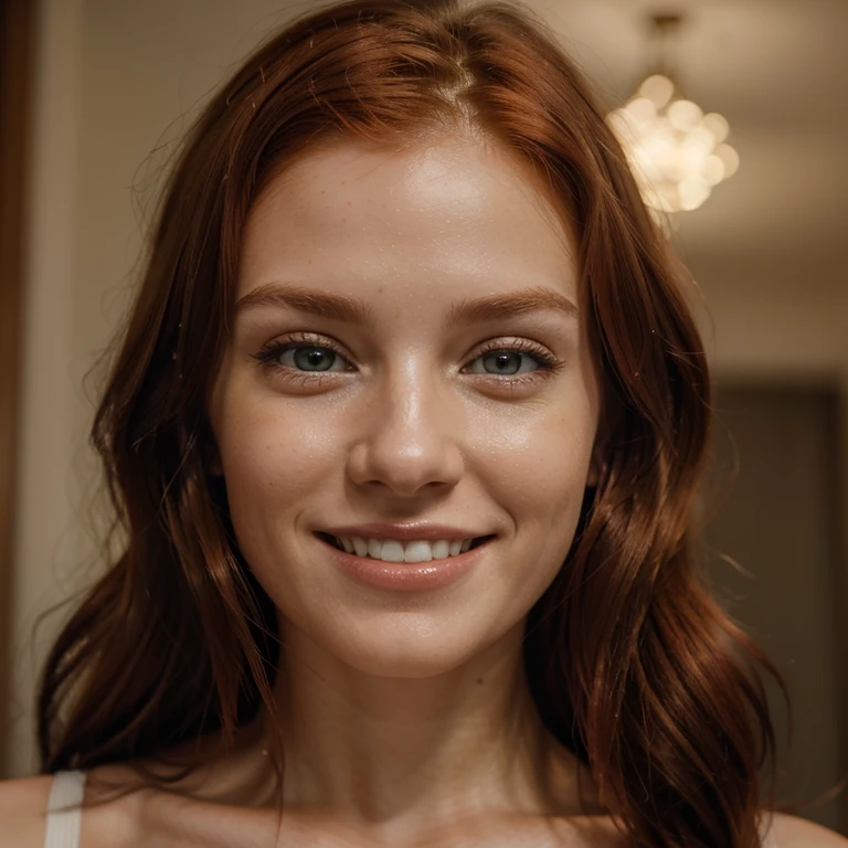 Caucasian red hair mid 20s girl, fit, staring at the viewer, realistic smiling she has perfect teeth somewhere in Eastern Europe, glowing hazel greenish eyes, intense, solodramatic lightinasterpiece:1.2), best quality, high resolution, beautiful detailed, extremely detailed, perfect lighting