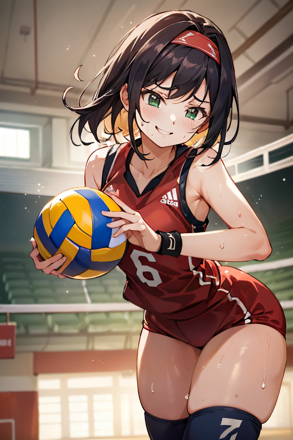 unity 8k wallpaper, anatomically correct, (((masterpiece))), (((best quality))), (((ultra detailed))), (((high-resolution))), ((super fine illustration)), ((Ultimate cutie)), ((detailed beautiful face)), ((perfect hands)), ((perfect finger)), (((good anatomy))), Solo, One girl, , (potbelly), (Curve), medium breasts, ((thick thighs)), Shiny hair, ((evil smile)), (smirk), (blush)), BREAK, Adidas, (((Buruma))), (Sleeveless Volleyball Uniforms), head band, ((wristbands)), ((Kneepads)), BREAK, ((Hold a beautiful spherical 6-inch volleyball with both hands)), (slouching forward), ((Sweat)), (perspired), (Heavy breathing), Sense of depth, in gymnasium, Lighting, (Looking down), cowboy shot