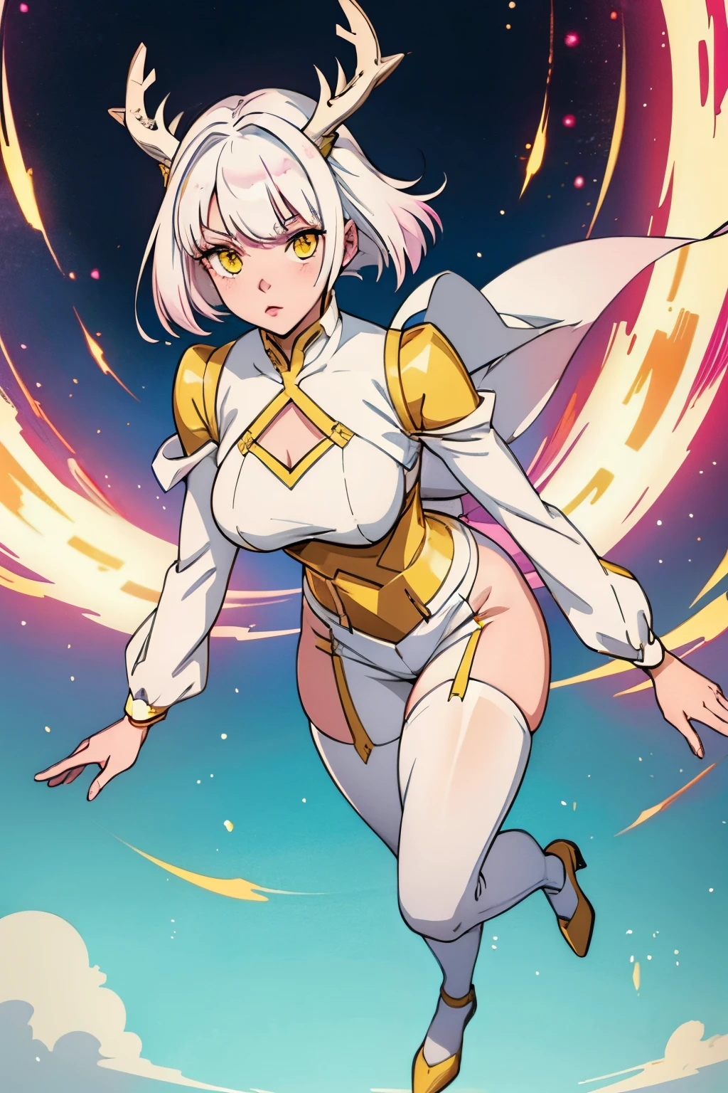 cute girl, White hair, White hair cut in the front , cropped bangs, Spinning horns, Beautiful yellow eyes, Pink cheeks, Deer antlers,sexy, full body