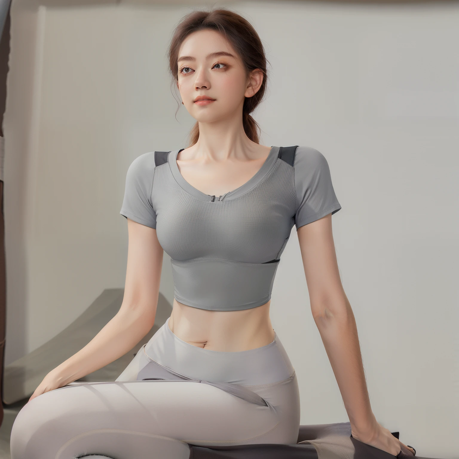 tmasterpiece, Best quality, realistically,
empire, Yoga short sleeves, 1 sister, white short sleeve, Alone, , Brown hair, white shirt, Background with, Long gray hair, messy hair, shut up, Yoga pants, shoulder strap, All-over gray pants,white legwear