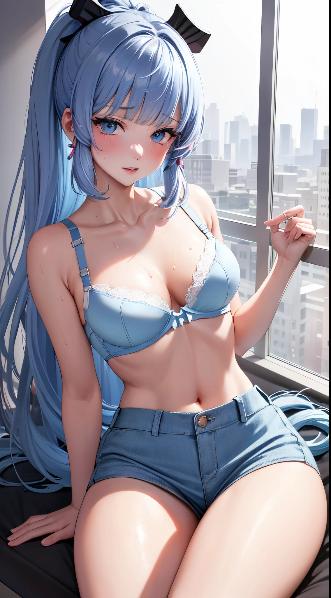 Character Details:, - Gender: 1 Girl. - Style: Anime, - Body Type: Attractive body, slim body, nice legs, slim tights, nice arms, nice shoulders. - ??????: (Small ??????:1.1), (Cleavage), (??????). - Facial Feature: Beautiful, Gorgeous, Teenager, Fresh, Young. - Expression: Shy, ?????, Pink Blush on Face, ???? Eyes, ???? Look, (Sweating:1.4), Innocent Look, Tipsy. - Hairstyle: Blunt Bangs, Long Hair. - Hair Color: Light Blue Hair. - Clothing: (Office Shirt:1.1), (???? Laced Bra:1.6), (Office Skirt:1.4), (Stocking:1.4). - Body Pose: (Lean to wall). - Behaviour: Waiting, Want Something, Secretly. - Accessories: Earrings., Environmental Details:, - Setting: Bed Room., - Lighting: Natural Light., - Decoration: Modern Bed, Chair, Window, White Curtain, City View. Top view. pov, anime style, UHD, retina, masterpiece, accurate, anatomically correct, textured.