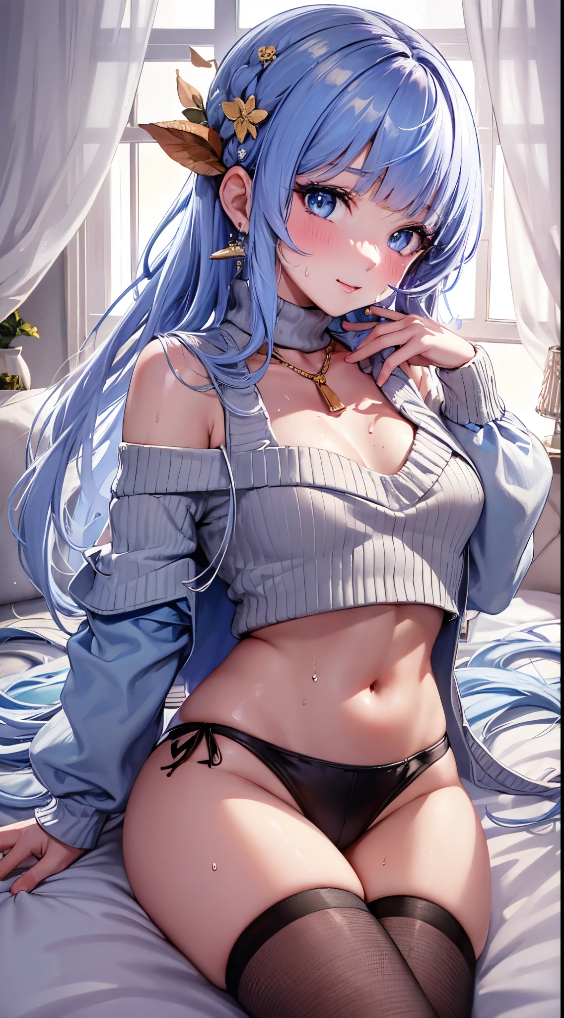 Character Details:, - Gender: 1 Girl.
- Style: Anime, - Body Type: Attractive body, slim body, nice legs, slim tights, nice arms, nice shoulders. - Breast: (Small Breast:1.2), Cleavage, (Nipple).
- Facial Feature: Beautiful, Gorgeous, Young.
- Expression: Shy, (Horny:1.4), Pink Blush on Face, Sexy Eyes, Sexy Look, (Sweating:1.4), Innocent Look, Tipsy. - Hairstyle: Blunt Bangs, Long Hair, Light Blue Hair
- Clothing: (Sweater:1.5), (off-shoulder:1.6), (Stocking:1.4). - Body Pose: (looking back over), (nice butt:1.2). - Behaviour: Waiting, Want Something, Secretly.
- Accessories: Earrings., Environmental Details:, - Setting: Bed Room, - Lighting: Natural Light, - Decoration: Modern Bed, Chair, Window, White Curtain, City View. Top view. pov, anime style, UHD, retina, masterpiece, accurate, anatomically correct, textured.