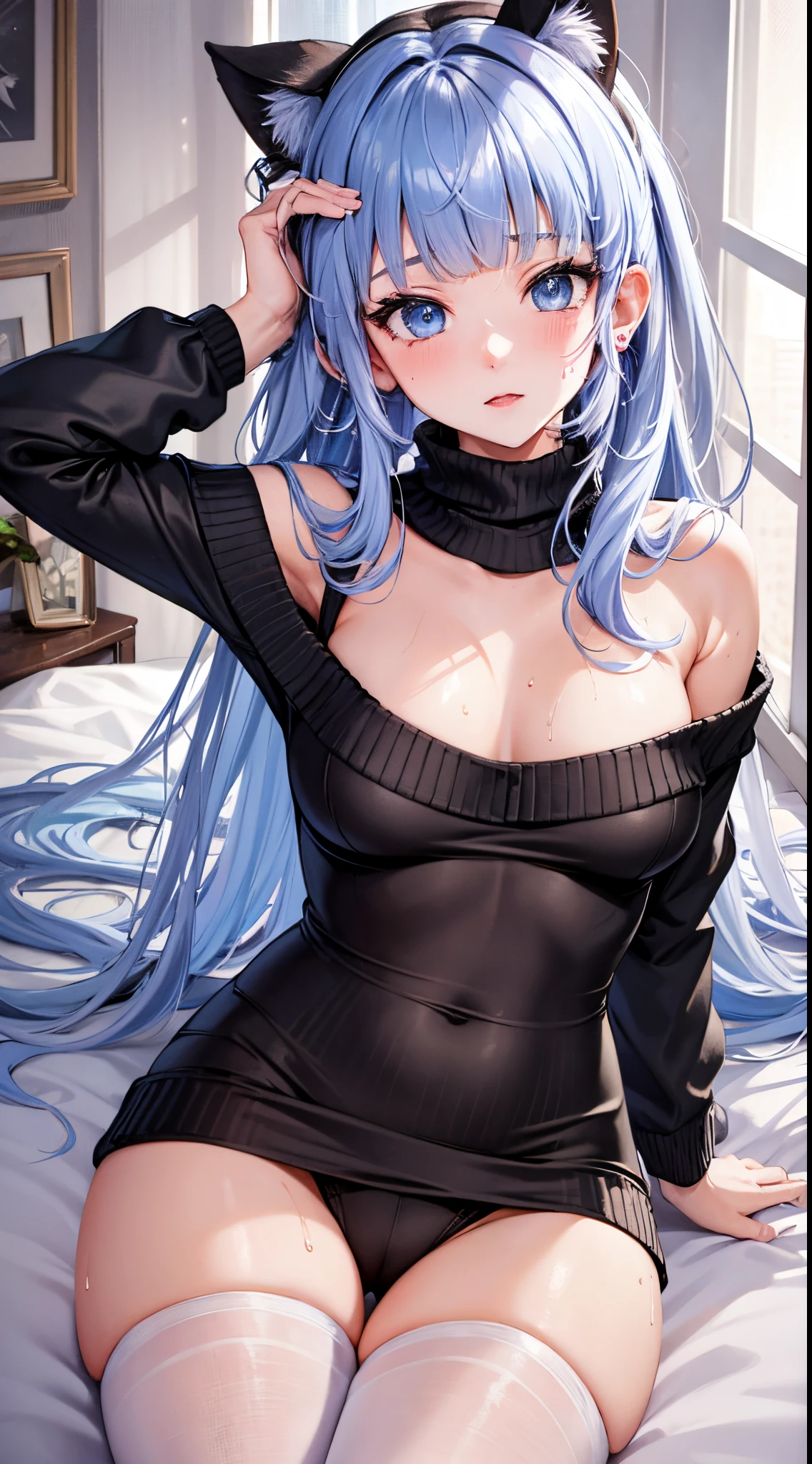 Character Details:, - Gender: 1 Girl.
- Style: Anime, - Body Type: Attractive body, slim body, nice legs, slim tights, nice arms, nice shoulders. - Breast: (Small Breast:1.2), Cleavage, (Nipple).
- Facial Feature: Beautiful, Gorgeous, Young.
- Expression: Shy, (Horny:1.4), Pink Blush on Face, Sexy Eyes, Sexy Look, (Sweating:1.4), Innocent Look, Tipsy. - Hairstyle: Blunt Bangs, Long Hair, Light Blue Hair
- Clothing: (Sweater:1.5), (off-shoulder:1.6), (Stocking:1.4). - Body Pose: (looking back over), (nice butt:1.2). - Behaviour: Waiting, Want Something, Secretly.
- Accessories: Earrings., Environmental Details:, - Setting: Bed Room, - Lighting: Natural Light, - Decoration: Modern Bed, Chair, Window, White Curtain, City View. Top view. pov, anime style, UHD, retina, masterpiece, accurate, anatomically correct, textured.