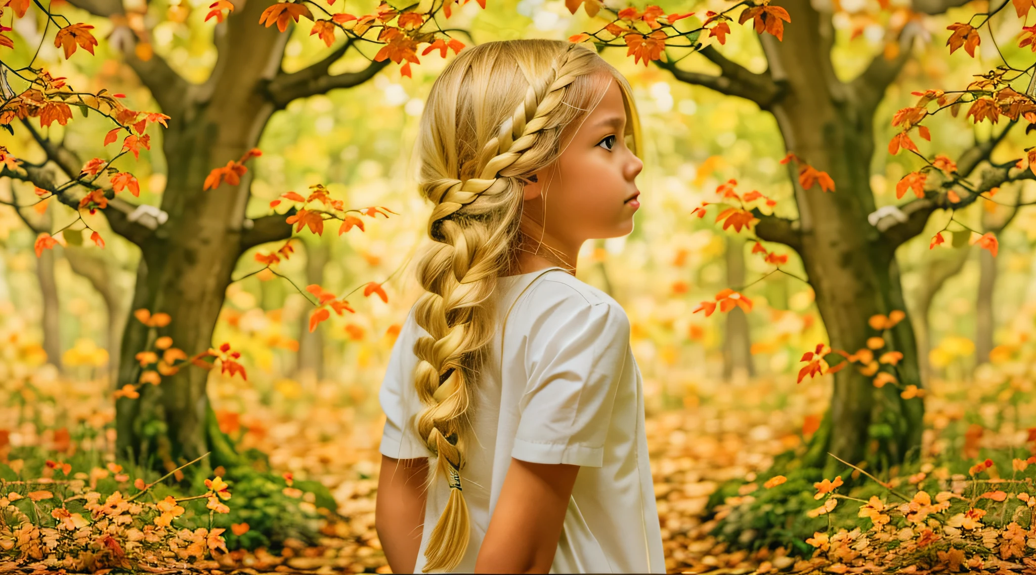 KIDS BLONDIE BRAIDS fotografia (estilo fallenangel:1) uma pintura digital de um (atraente:1) Anjo dourado sentado no meio de uma floresta