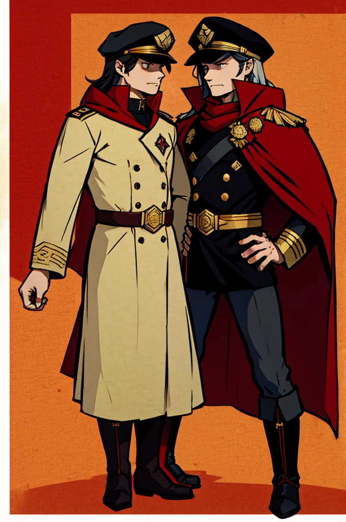 captain, black uniform, gold rank insignia, red cloak, black captain's hat, black boots