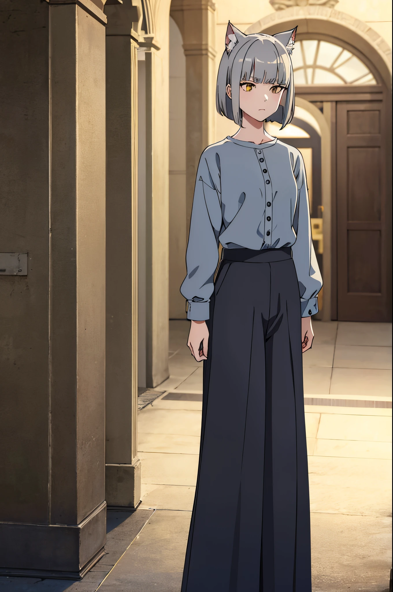 masterpiece, medium shot,gray hair,medium bob hair,blunt bangs,cat head,looking away,expressionless, yellow eye,Carmagnole, Palazzo Pants