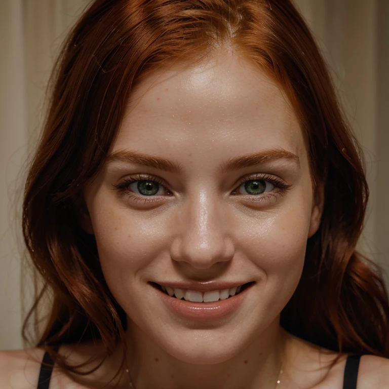 Caucasian red hair mid 20s girl, fit, staring at the viewer, realistic smiling she has perfect teeth somewhere in Eastern Europe, glowing hazel greenish eyes, intense, solodramatic lightinasterpiece:1.2), best quality, high resolution, beautiful detailed, extremely detailed, perfect lighting