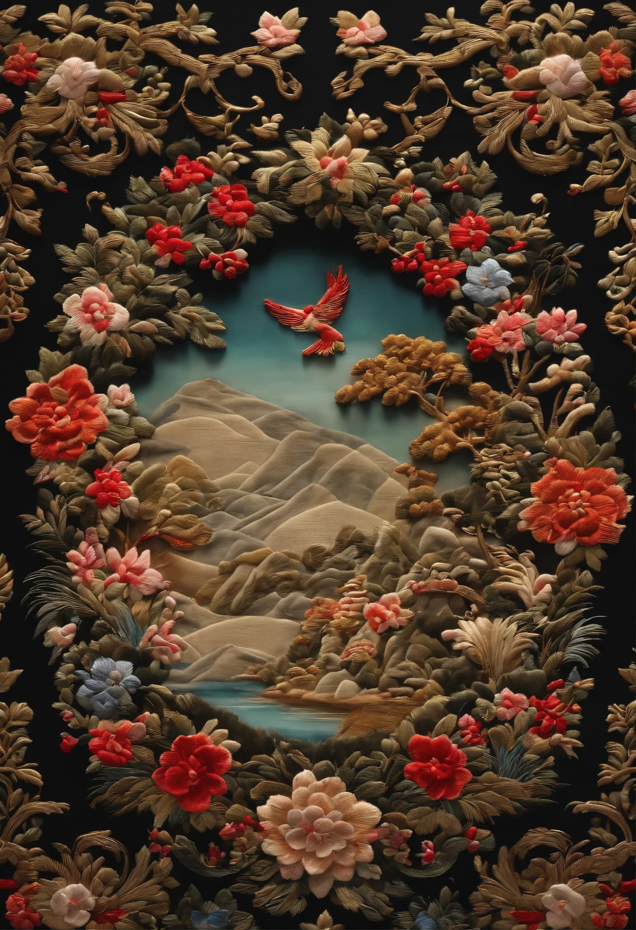 Chinese embroidery，frame，8K，ultradetailed，ultra real photo，hyper HD，ultra - detailed