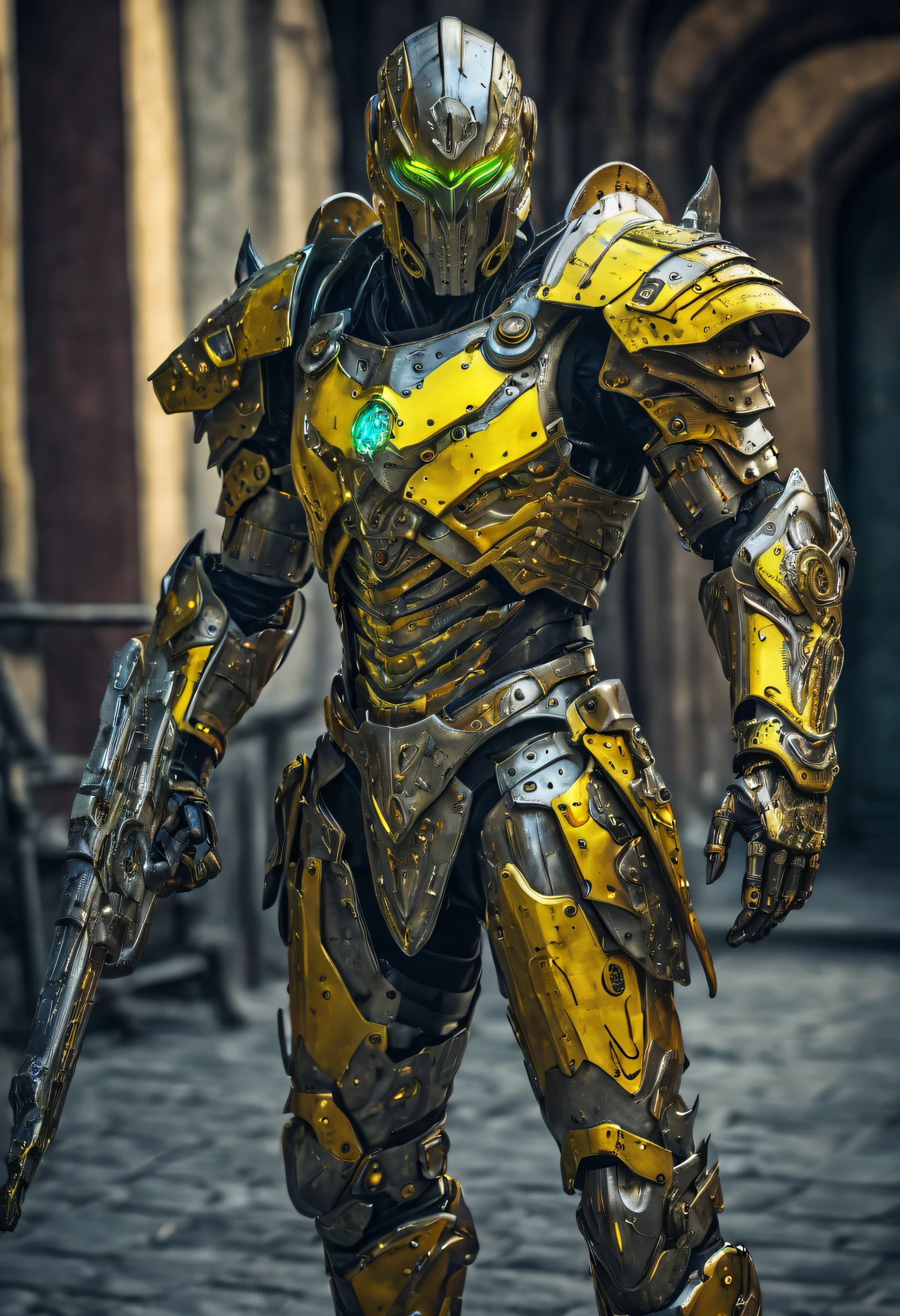 an incredible terrifying warrior, (Alto,HDR:1.2),medieval armor detailed with yellow neon and cybernetic arm, ((scientific fiction, Futuristic))