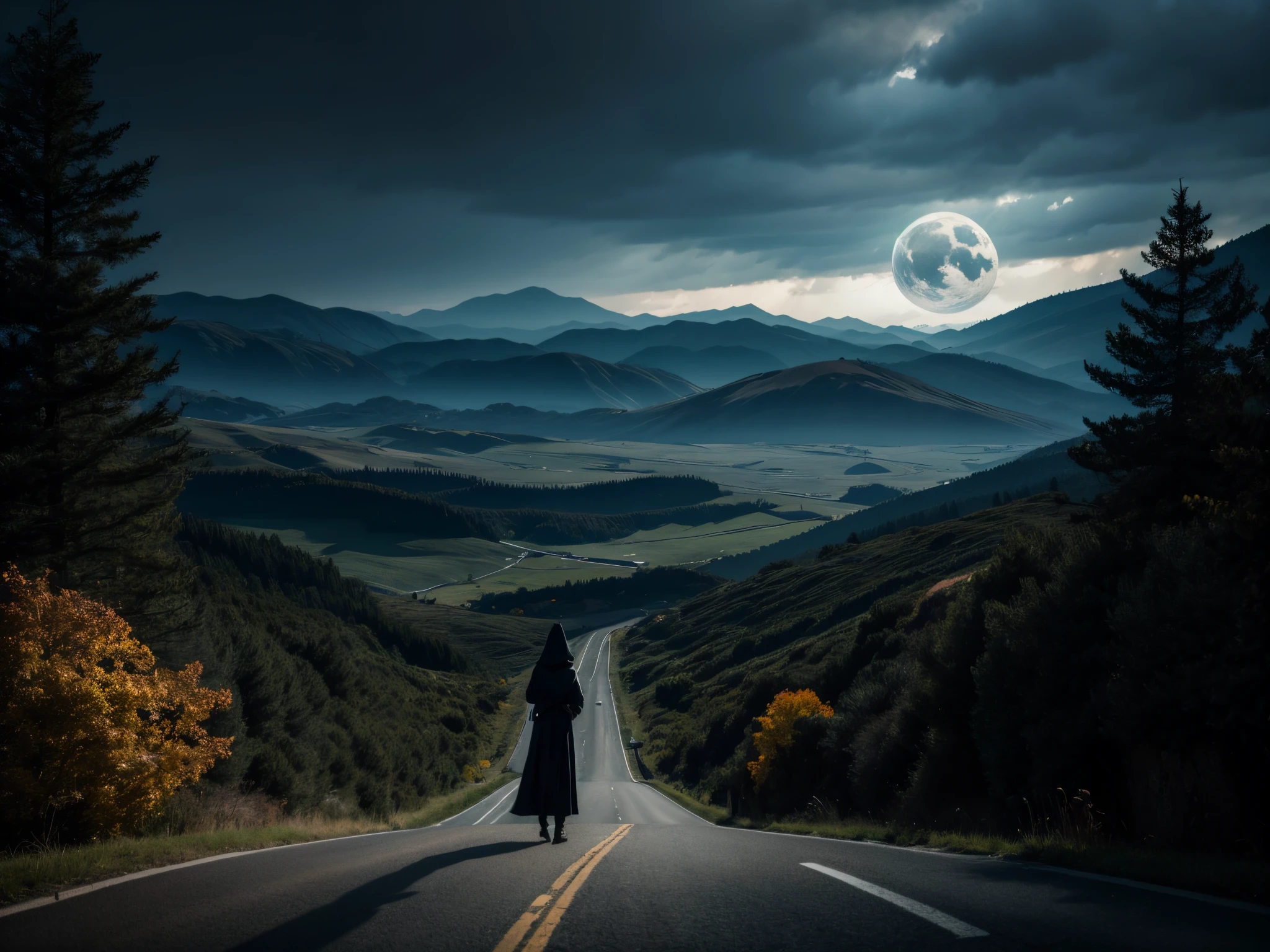 Pan across a spooky landscape where 3D mathematical formulas create a portal to a mysterious realm, blending the eerie with the analytical. Add cinematic depth to this Halloween adventure.
