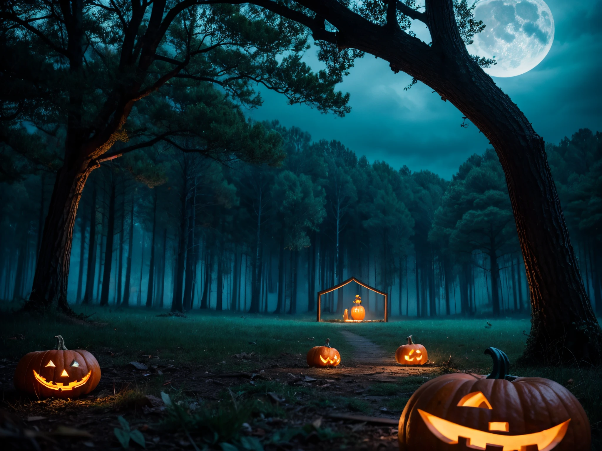Pan across a spooky landscape where 3D mathematical formulas create a portal to a mysterious realm, blending the eerie with the analytical. Add cinematic depth to this Halloween adventure.