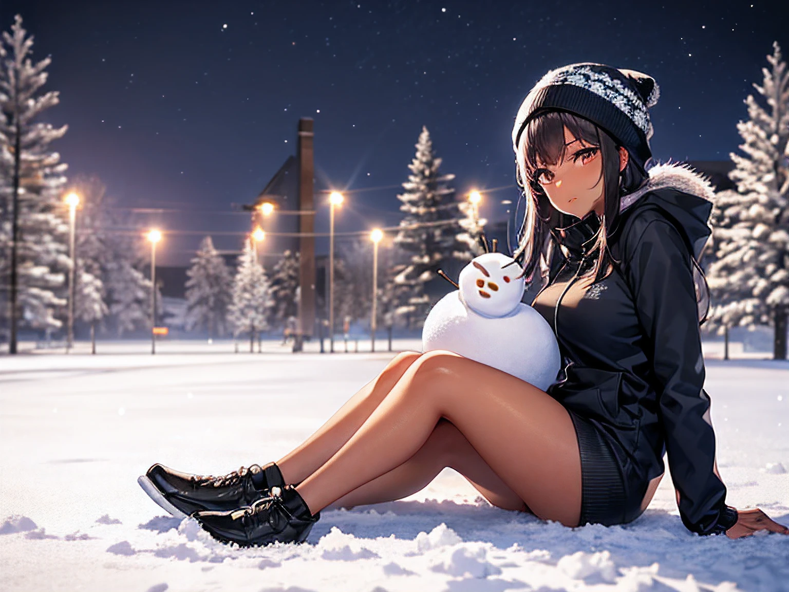 (Best Quality, High resolution), Solo, house wife, (Dark skin:1.2), (chubby), (medium breasts:1.1), dressed in winter clothes, Sitting on the ground with legs crossed, pretty face with arms and legs, Round thighs, Casual pose, Sitting on the ground, Engaging pose, It's snowing, nightcity, (snowman:1.2), yuki