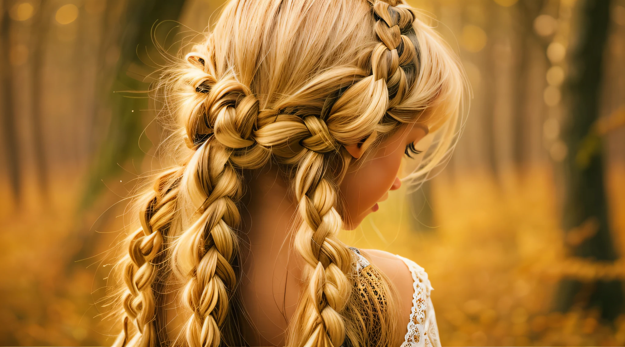 KIDS BLONDIE BRAIDS fotografia (estilo fallenangel:1) uma pintura digital de um (atraente:1) Anjo dourado sentado no meio de uma floresta