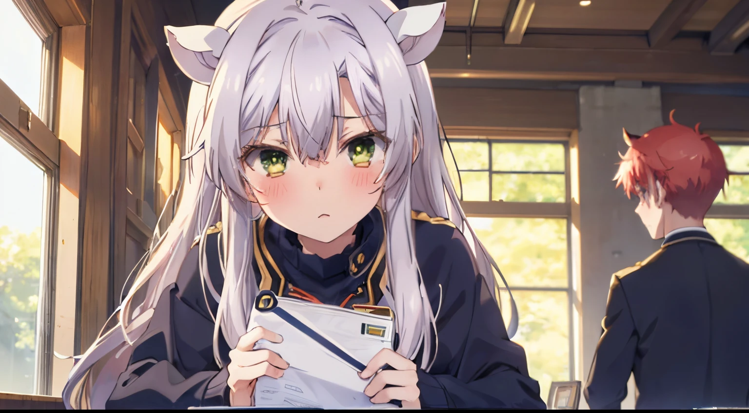 (super high resolution), 1girl, silver hair, green eyes, cat ears school uniform, intensive blushes, flat chest, classroom, standing, hugging a boy, boy (red hair, black sweater)
