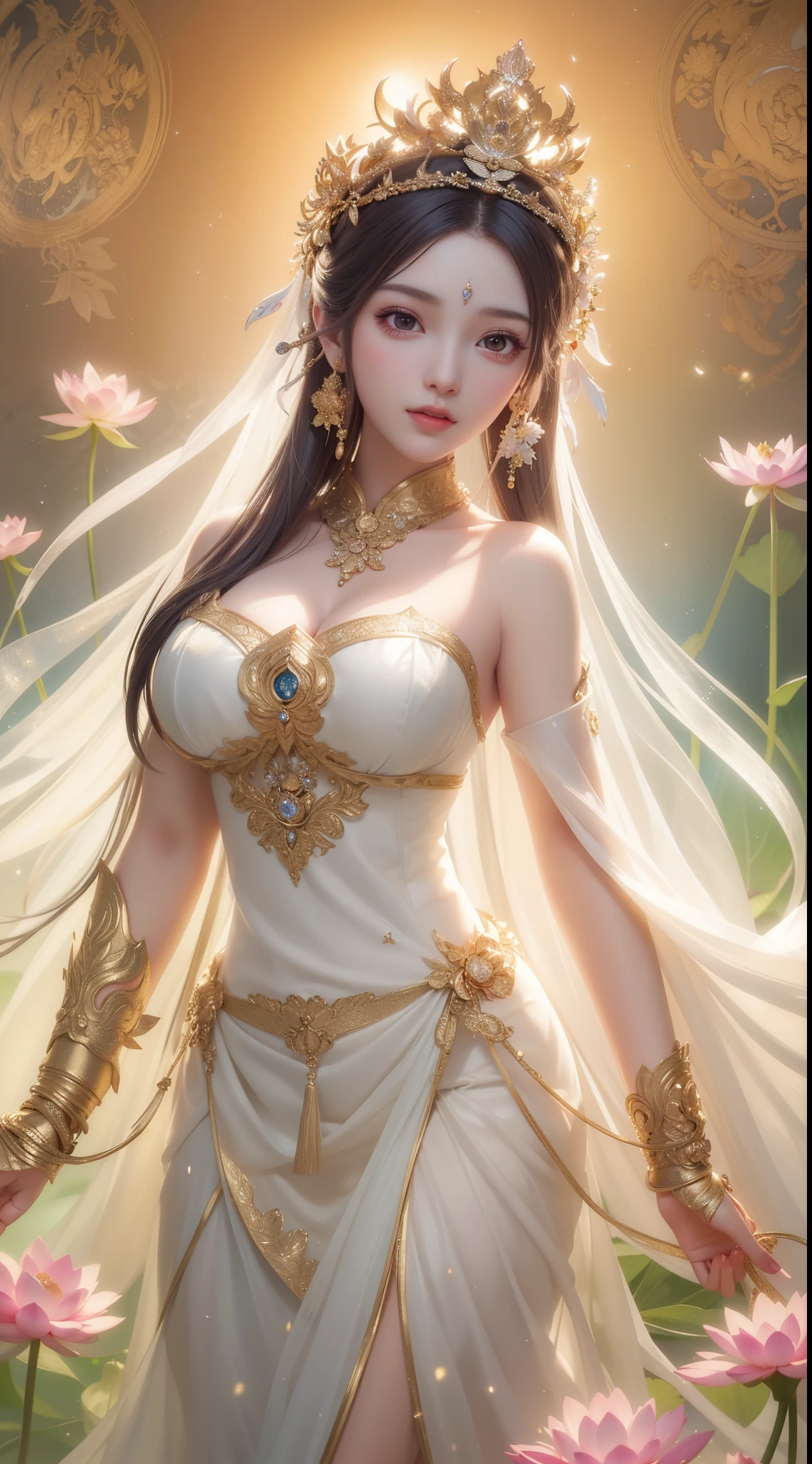 Arahed statue of a woman in a white dress with a crown and a lotus flower, gilded lotus princess, ross tran 8 k, standing gracefully upon a lotus, a beautiful fantasy empress, alphonse mucha and rossdraws, by Li Song, by Yang J, a stunning portrait of a goddess, goddess portrait, ethereal beauty, Goddess. extremely high detail