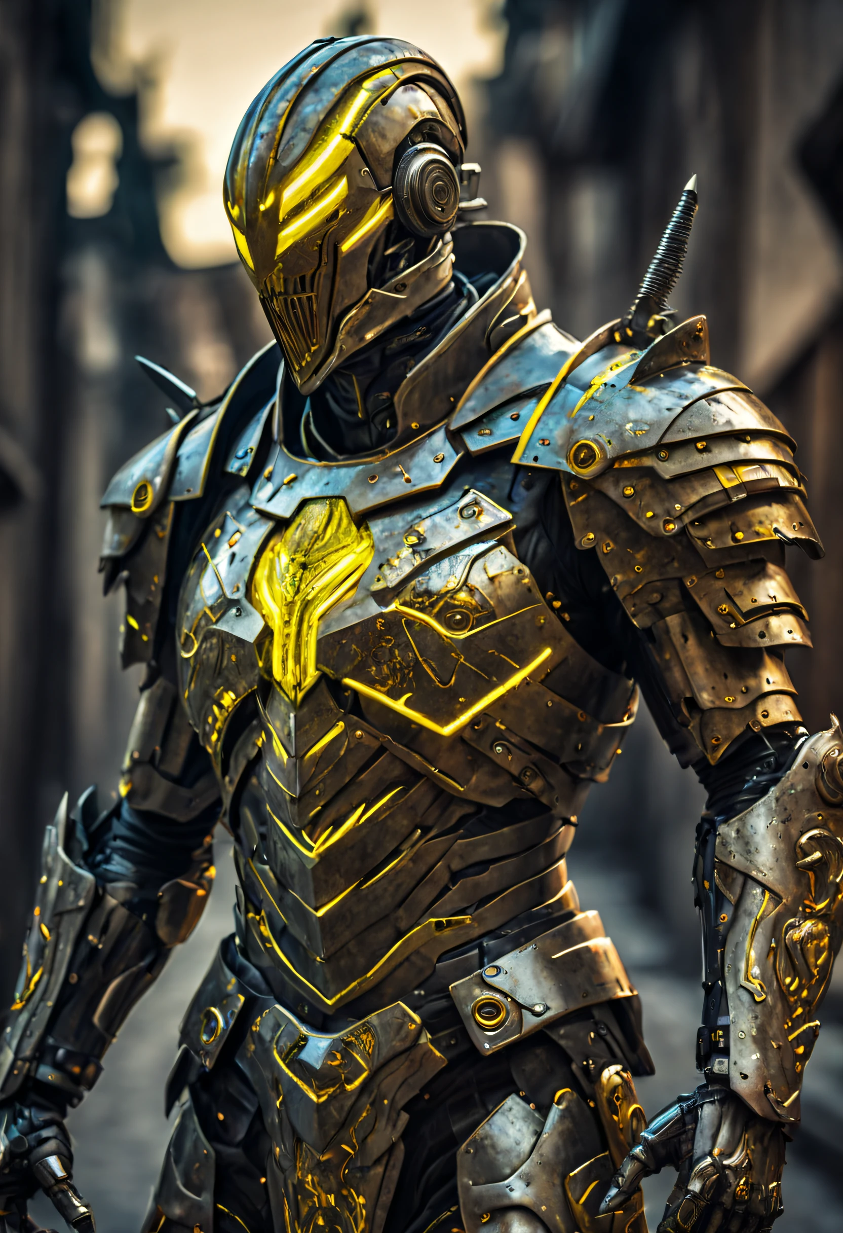 an incredible terrifying warrior, (Alto,HDR:1.2),medieval armor detailed with yellow neon and cybernetic arm, ((scientific fiction, Futuristic))