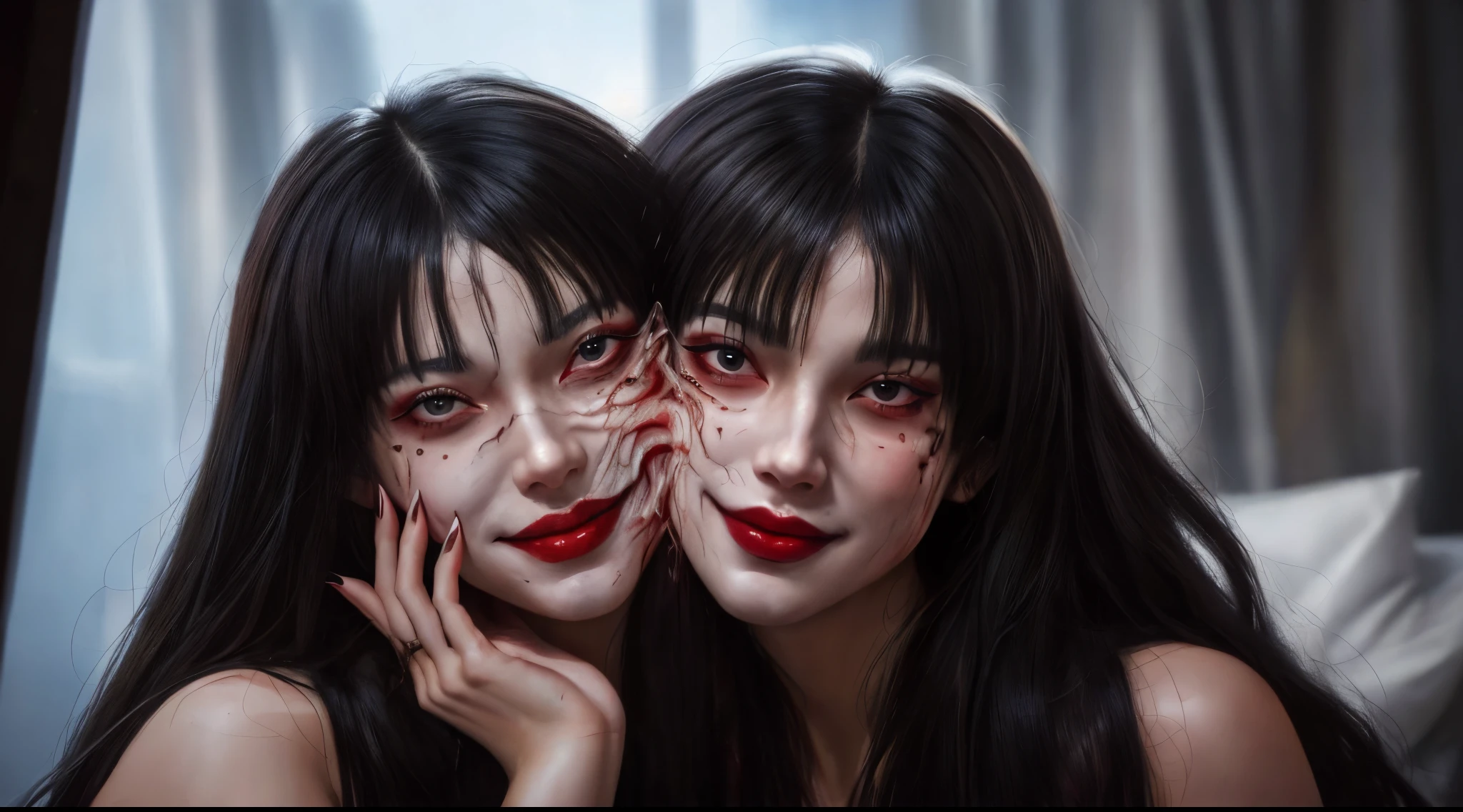 ((masterpiece, bestquality)), Tomie, edgQuality, bara,1girls,edgGesugao,Sadistic smile, A ghost is face appeared next to his face., long-haired, bangs, grin, evil grin,facial expression edgGesugao, she is crazy, peas, horror, She is creepy, She is scary., Shock value, very evil, She is thin, stimulate, fearful, terror, fearful, decay, disgust, She is a Psycho, dark, Fog, evil eye, Radiant eyes, a painting of a woman with a red mask covering her face, demon girl, portrait of demon girl, demon anime girl, portrait demon half human, horrific digital art, bloody eyes, evil expression, stunning anime face portrait, detailed digital anime art, anime monster girl, creepy!!, demonic face, evil looking, by Shingei, demon woman, anime skull portrait woman, there is a woman with long black hair posing for a picture, loish and wlop, hyperealisism, nft portrait, hyper realistic anime, trending on deviant art, anime realism, hyperrealistic aesthetic, inspired by Yanjun Cheng, intricate heterochromatic sad, realistic art style, eerie art style, artwork in the style of guweiz