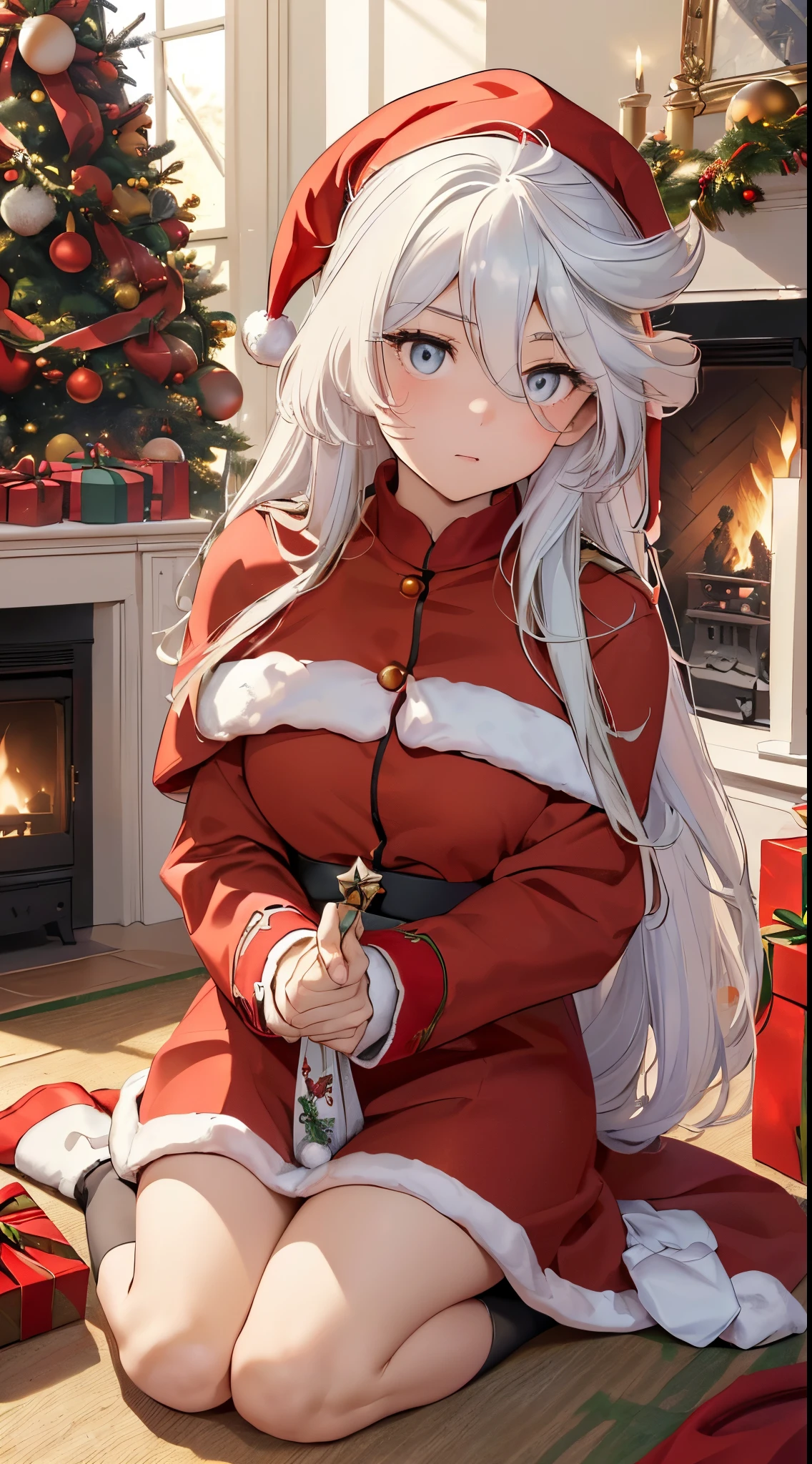 top-quality、Top image quality、masterpiece、s girl((Christmas、Santa's Hat、18year old、 Ager、Best Bust、big bast,Beautiful wide open light blue eyerest, a blond、A slender,Large valleys、dye one's cheeks red、Reflecting the whole body、Laugh、holding a white christmas gift bag、red cloak、Shy face、embarassed face、,Leaning forward、saluting)),hiquality、Beautiful Art、Background with((my stylish night room、Christmas Wind、Stove、Red carpet on the floor、fireplace、Christmas tree、Red bed、Kotatsu、Christmas present)))、masutepiece、depth of fields