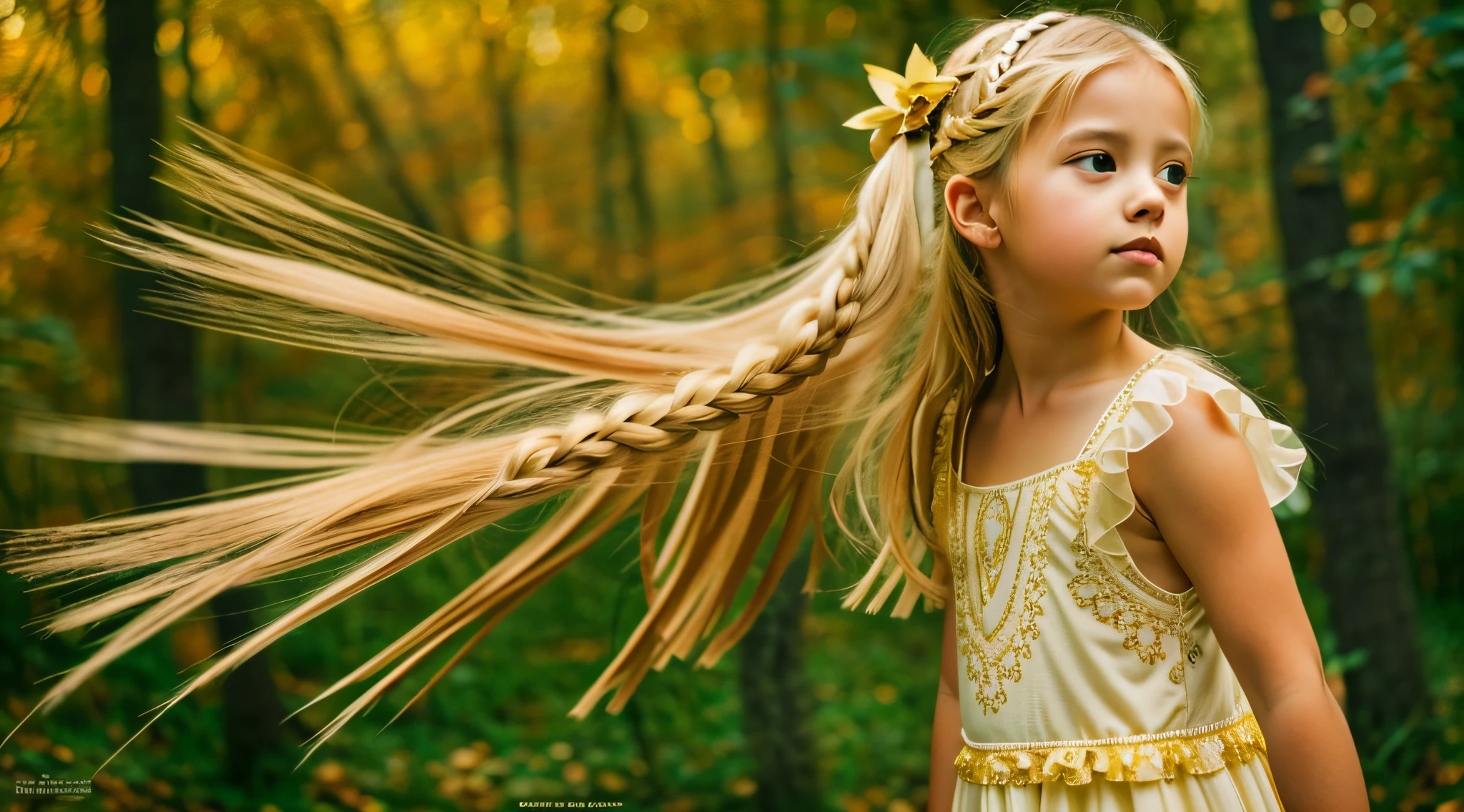 KIDS BLONDIE BRAIDS fotografia (estilo fallenangel:1) uma pintura digital de um (atraente:1) Anjo dourado sentado no meio de uma floresta