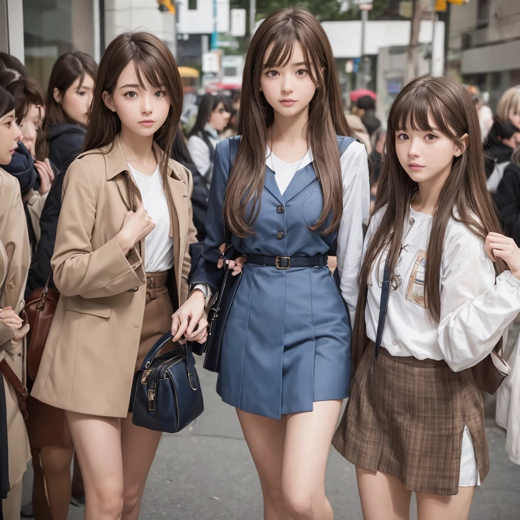 {{,Caucasians}}, looking at viewert, hazel eyes, The is very detailed, medium, brown hair, aerodrome, Stewardeslue blazer, tiese, blue skirtidskirt, pencil skirtlue high heels, cheerfulnesest quality at best, high qulity, extremely detailed anime screencap, {{{crowed, multipel Girls, thousands of sisterillions of sisterillions of sisters, clone, Doppelganger, Match outfitatching hairstyle}}}}, full bodyesbian