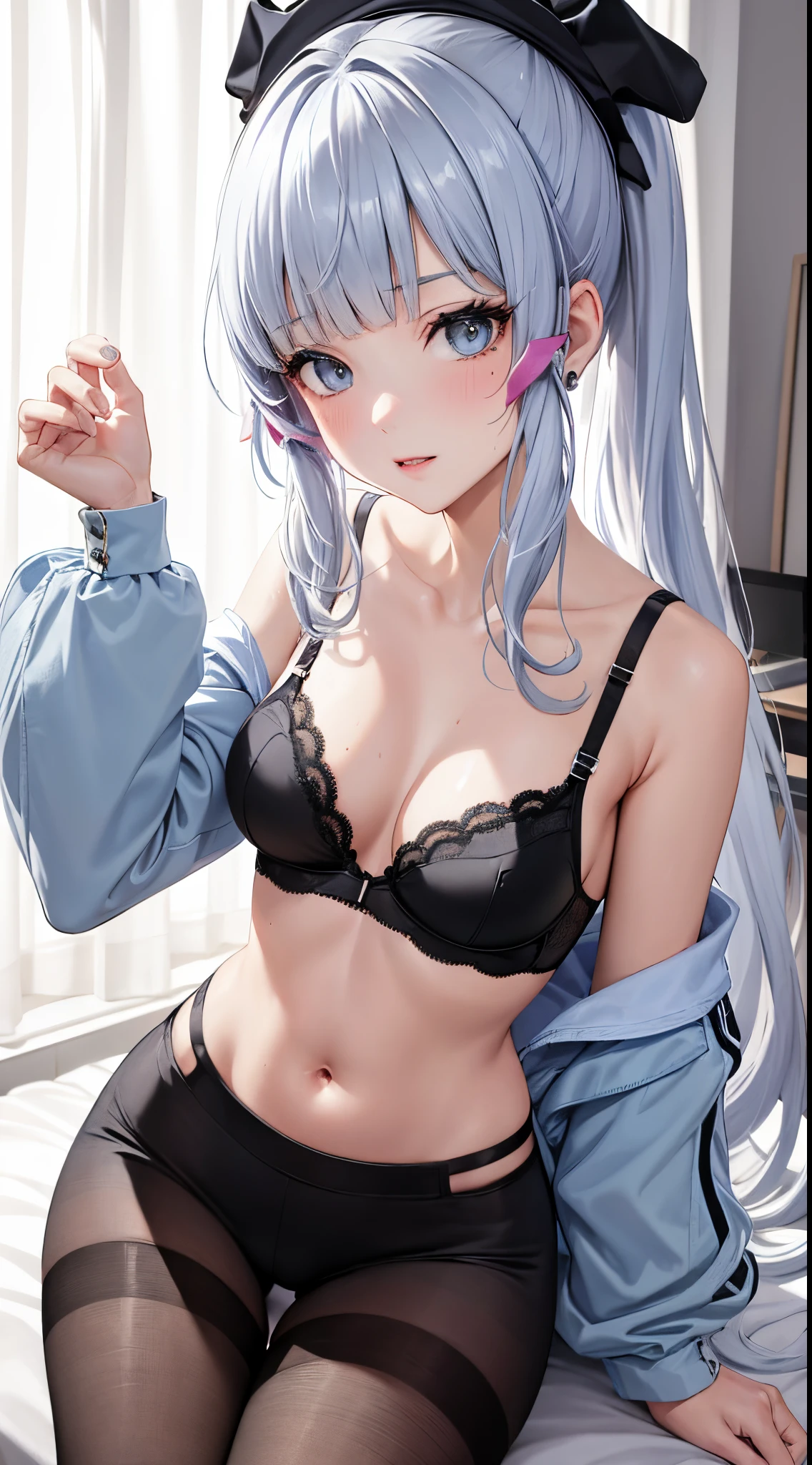 Character Details:, - Gender: 1 Girl. - Style: Anime, - Body Type: Attractive body, slim body, nice legs, slim tights, nice arms, nice shoulders. - Breast: (Small Breast:1.1), (Cleavage), (Nipple). - Facial Feature: Beautiful, Gorgeous, r, Fresh, Young. - Expression: Shy, Horny, Pink Blush on Face, Sexy Eyes, Sexy Look, (Sweating:1.4), Innocent Look, Tipsy. - Hairstyle: Blunt Bangs, Long Hair. - Hair Color: Light Blue Hair. - Clothing: (Black Lingerie:1.6), (Sexy Laced Bra:1.6), (Office Skirt:1.4), (off-shoulder:1.6), (Stocking:1.4). - Body Pose: (Lean to wall). - Behaviour: Waiting, Want Something, Secretly. - Accessories: Earrings., Environmental Details:, - Setting: Bed Room., - Lighting: Natural Light., - Decoration: Modern Bed, Chair, Window, White Curtain, City View. Top view. pov, anime style, UHD, retina, masterpiece, accurate, anatomically correct, textured.