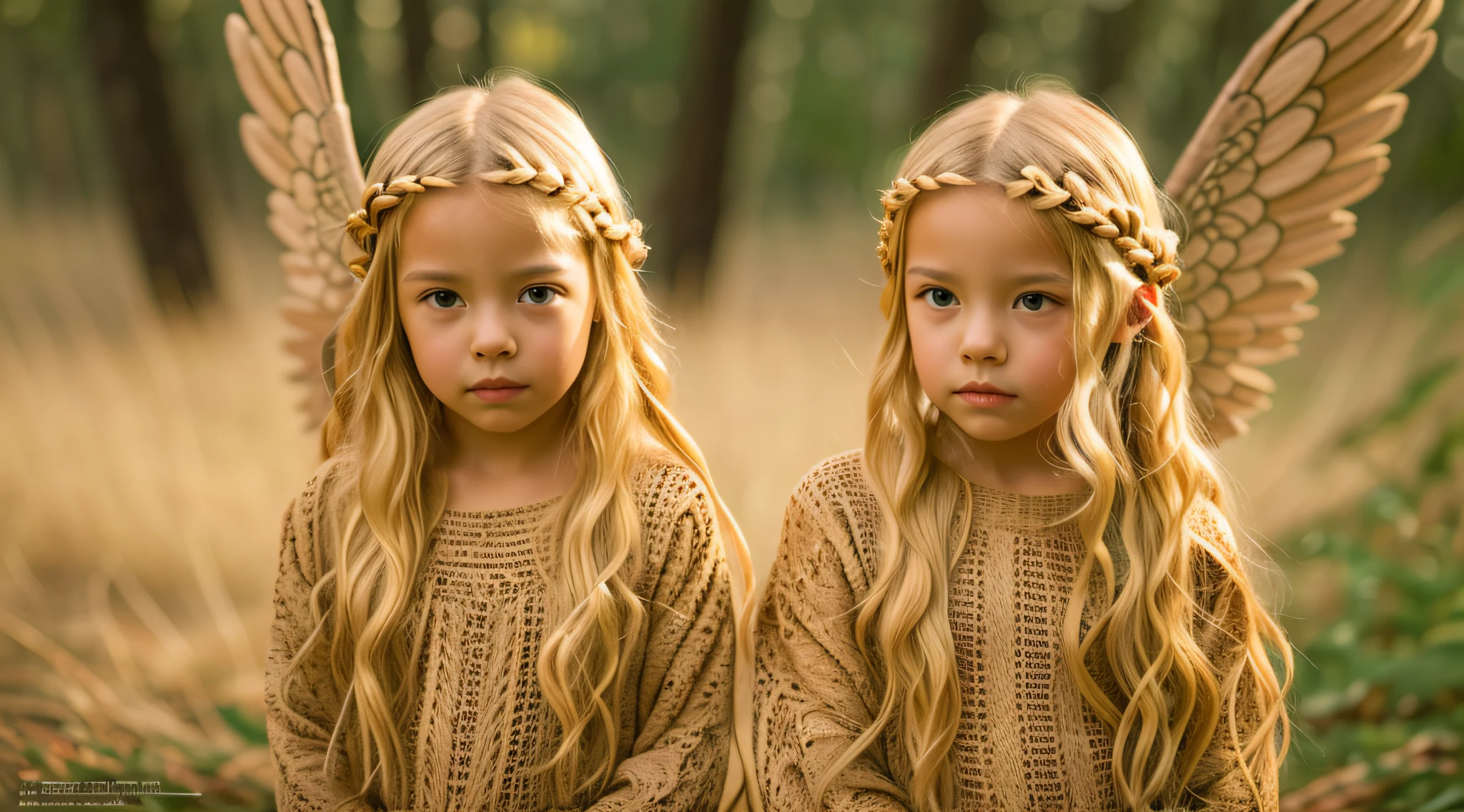 KIDS BLONDIE BRAIDS fotografia (estilo fallenangel:1) uma pintura digital de um (atraente:1) Anjo dourado sentado no meio de uma floresta