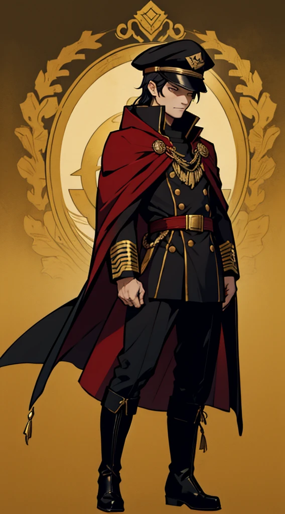 captain, black uniform, gold rank insignia, red cloak, black captain's hat, black boots,