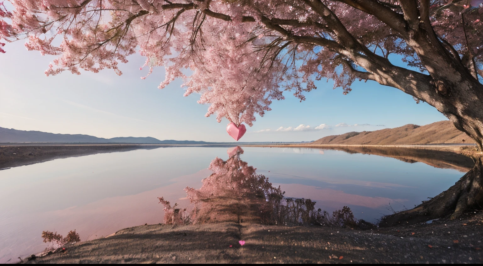 Road to love .Trees in theIsolated pink heart above a reflective sea. Metaphor for reflection of love, self, touching, emotion and innermost feeling. Valentines day theme color background. shape of a heart