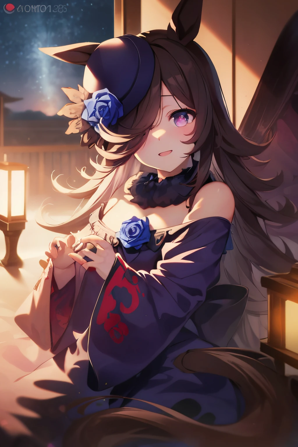 (masutepiece.top-quality).(Dynamic Angle). (Very spectacular detail CG painting),(image perfect)、comic strip.Illustration.1 girl in.Detailed face、face perfect.delicated face、A girl wearing a delicate yukata、Textured skin、Black hair.long、(Horse-eared girl)Horse-eared girl、((Beautiful blue eyes)).Delicate and beautiful eyes、Eyes written in detail、Reflected eyes、smil.(gazing at viewer:1.3).(A little red in the face:0.8)、8k wallpaper、cowboy  shot、Reflected Light、highestdetailed、Convoluted、Delicate background、Textured skin、Detailed skin、(ultra res)、16 K,Beautiful, masutepiece, Best Quality, extra detailed face, Perfect Lighting,
(1man and 1girl,Having :1. And :0.8),hetero
(Yukata:1.1),toppless,,Popularization legislation),(Lying:1.3),Arms up,Grab a pillow、女の子1人、Black hair(long)、Purple Eye、Marl、Hidden in the hair of one eye、Japanese dress((Yukata))portlate、side lights、wall-、NSFW、Background night、Beautiful night sky、A smile、Happiness