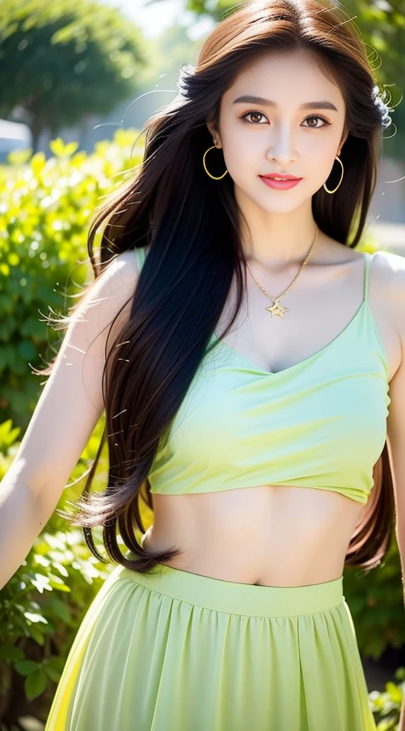 A beautiful young girl in a beautiful gradient green-yellow plane georgette,silk , soft , smooth , fabric , chiffon, attractive and loose, crop top and long skirt , kept standing in the garden , from front , arora sky ,soft red lips ,long silk black hair , extremely black eyes ,golden earrings , golden necklace ,natural makeup