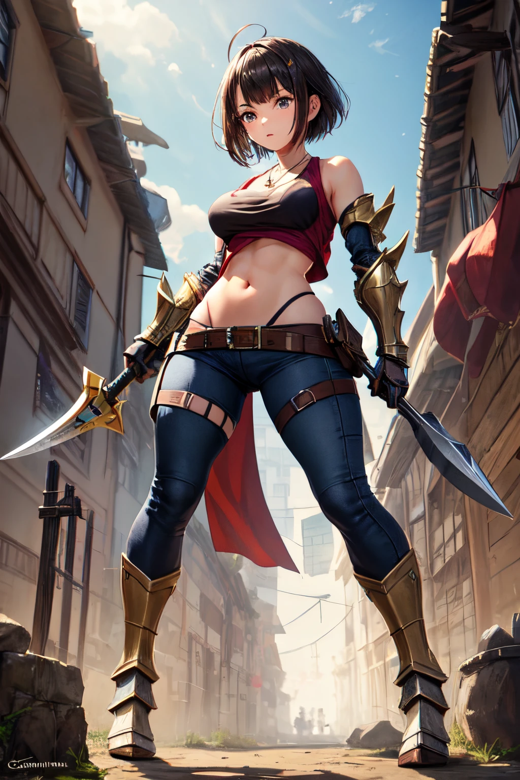 ((best quality)), ((masterpiece)), (detailed), the character displayed from hair to knees. tomboy girl from kamura village in monster hunter rise .
with short hair two block in the middle and black to brown color,
her eyes is yellow iris, and dark skin. with standar tall. G cup breasts. with normal body shape
the weapon is Insect Glaive with dark color. Insect glaive is a long stick with a sharp tip. the weapon is even bigger compare to her. her wright is normal like the other girl at 20's. the body is formed.
the outfit, she wear a WHITE to LIGHT GREY tanktop without body armor with a little necklace and the stomach is seen. with iron dark hand armor, iron dark foot armor, iron dark pants armor.
the background is a village in monster hunter rise, kamura village with the setting of an ancient place