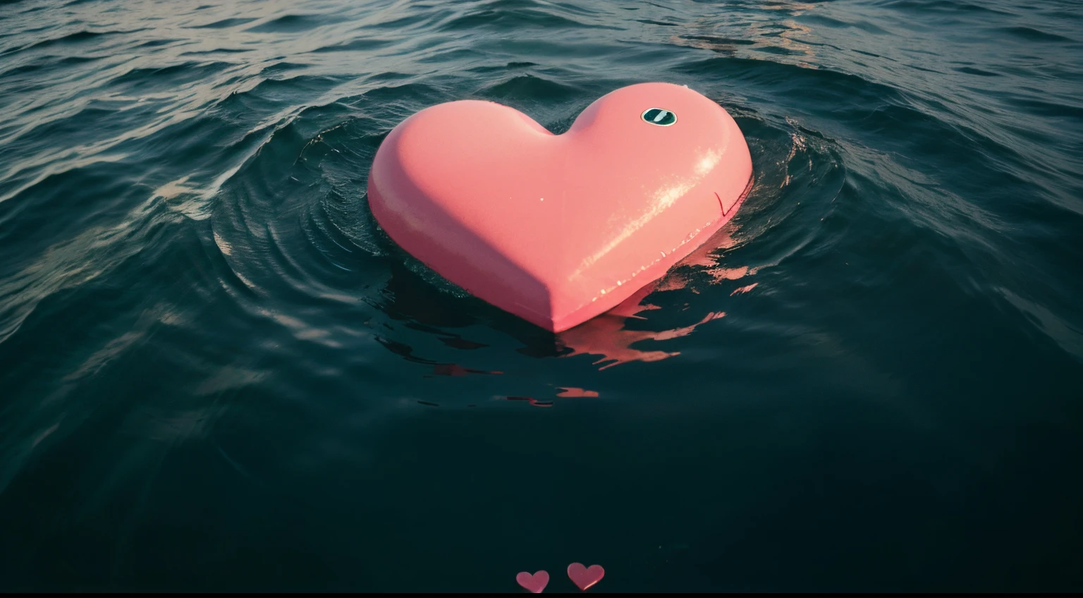 Isolated pink heart above a reflective sea. Metaphor for reflection of love, self, touching, emotion and innermost feeling. Valentines day theme color background.
