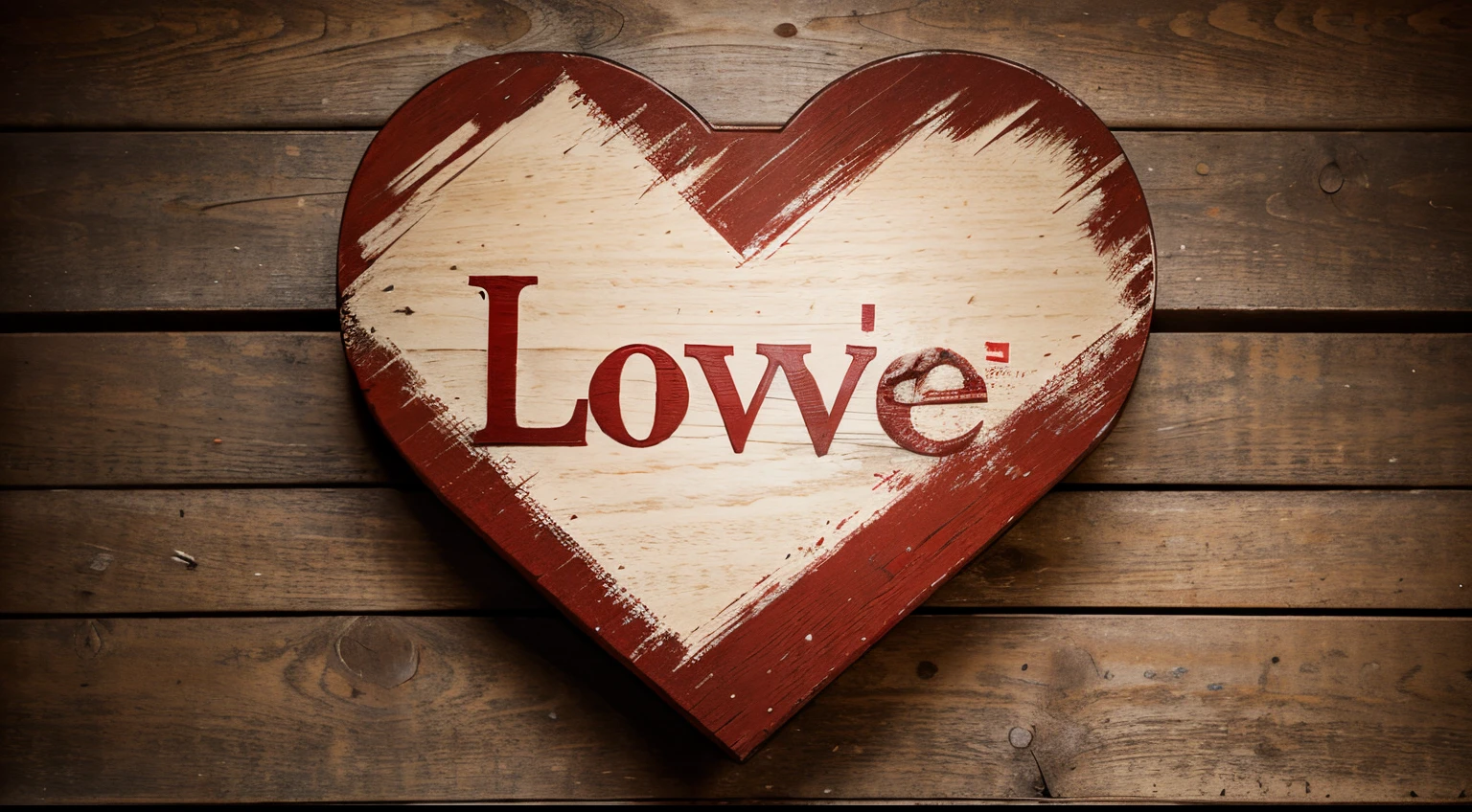 A red painted wood background with the word love and a heart