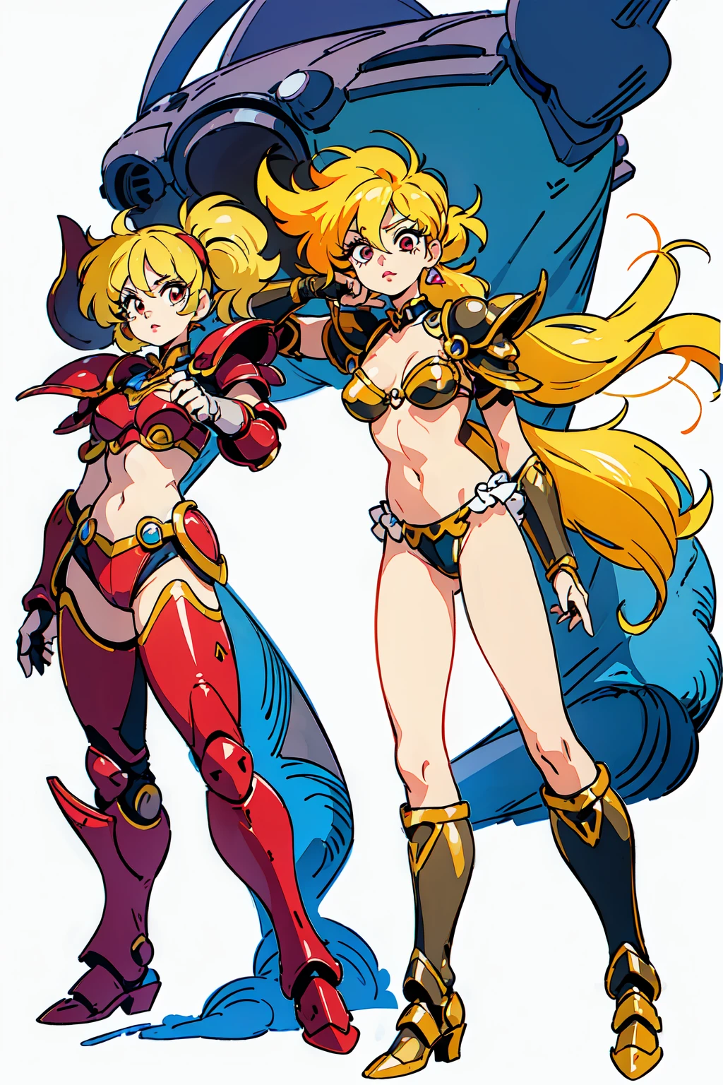 "(masterpiece:1.1), best quality,
1girl, (80s anime style:1.3), (eyelashes:1.5),
(intricate high detailed body:1.2),
(yellow hair:1.1), (hair between eyes:1.1), (twintails, wavy hair:1.1), (headband:1.1),
red eyes, (lip stick:1.3),
(slim body:1.1), (gigantic breasts:1.1),
(expressionless:1.2),
(bikini armor:1.2),
(knight armor, armored boots:1.2), (frill:1.1), (earrings:1.1), gloves,
standing, peace sign,
(dynamic pose:1.1), (full body, looking at viewer, from front:1.1),
(simple white background:1.2)"