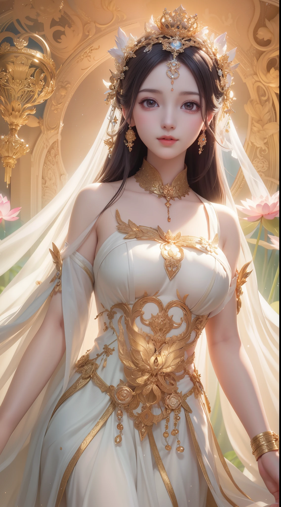 Arahed statue of a woman in a white dress with a crown and a lotus flower, gilded lotus princess, ross tran 8 k, standing gracefully upon a lotus, a beautiful fantasy empress, alphonse mucha and rossdraws, by Li Song, by Yang J, a stunning portrait of a goddess, goddess portrait, ethereal beauty, Goddess. extremely high detail