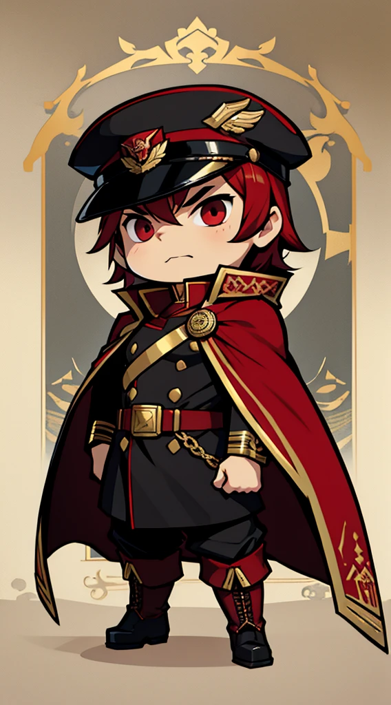 captain, black uniform, gold rank insignia, red cloak, black captain's hat, black boots, chibi proportions