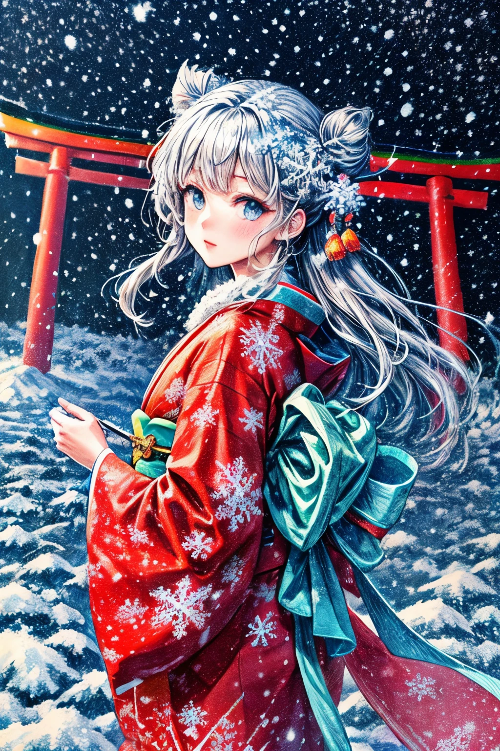 ((worst quality, low-quality)), ((a girl in)), Solo, (a closeup:1.3), (facefocus:1.4), ((half updo, Silver hair)), clear eyes and plump, plump lips, Beautiful light blue eyes):1.2), Spoken Heart, (perfect hand:1.3), (traditional Japanese clothing:1.2), (colorful kimono, Wearing a kimono with a dragon pattern, Delicate and detailed embroidery:1.3), embarrassed, Standing, Looking at Viewer, Head tilt, (Snowflake, Falling snow:1.5), (light Particle, light glow:1.4), (( Japanese torii gate background)), high-angle shot, masutepiece, Best Quality, ultra-detailliert,